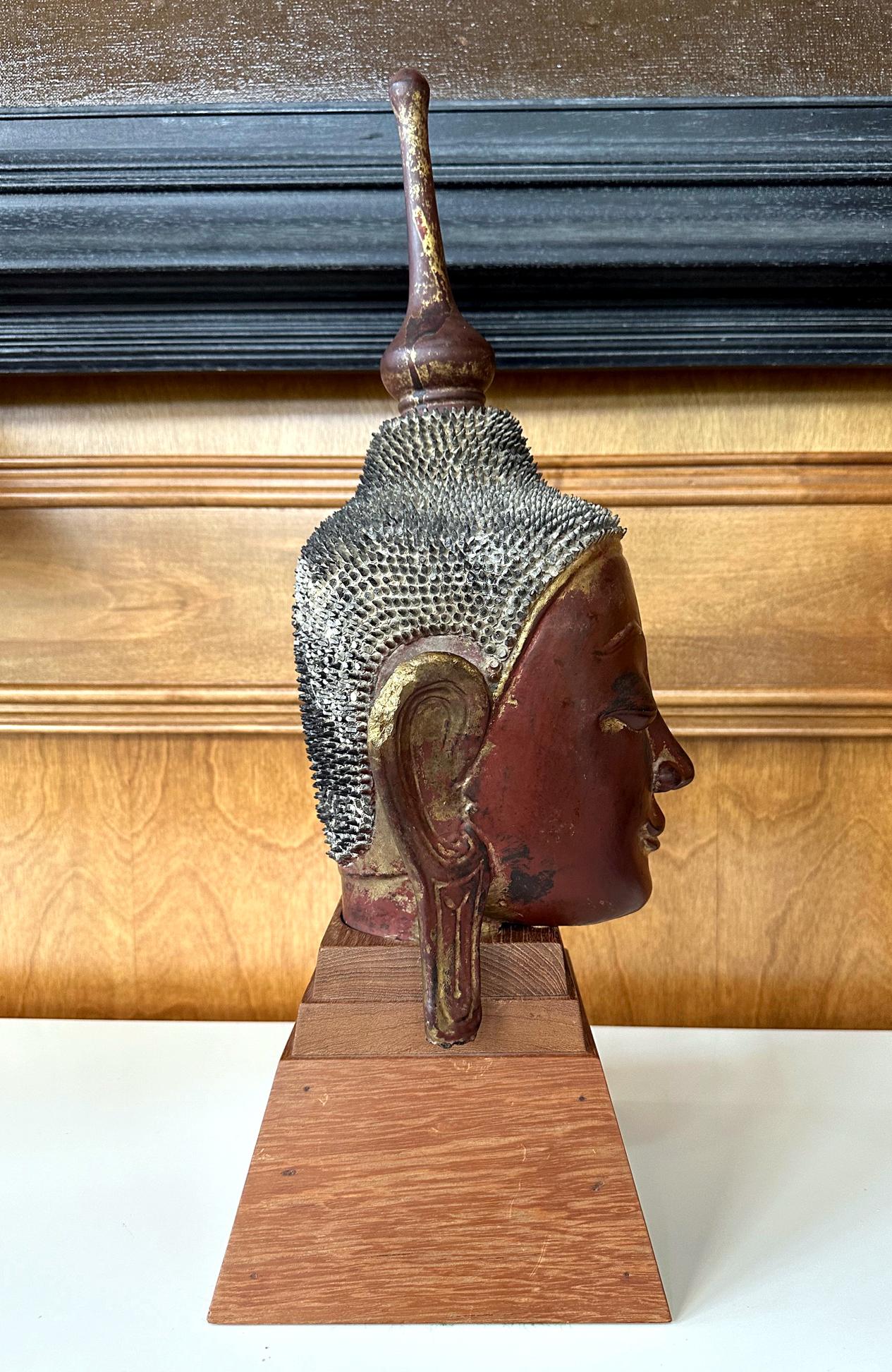 Antique Burmese Lacquer and Gilt Buddha Head Sculpture  For Sale 2