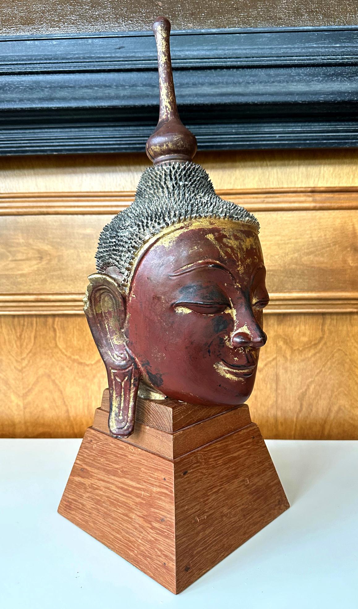 Antique Burmese Lacquer and Gilt Buddha Head Sculpture For Sale 3