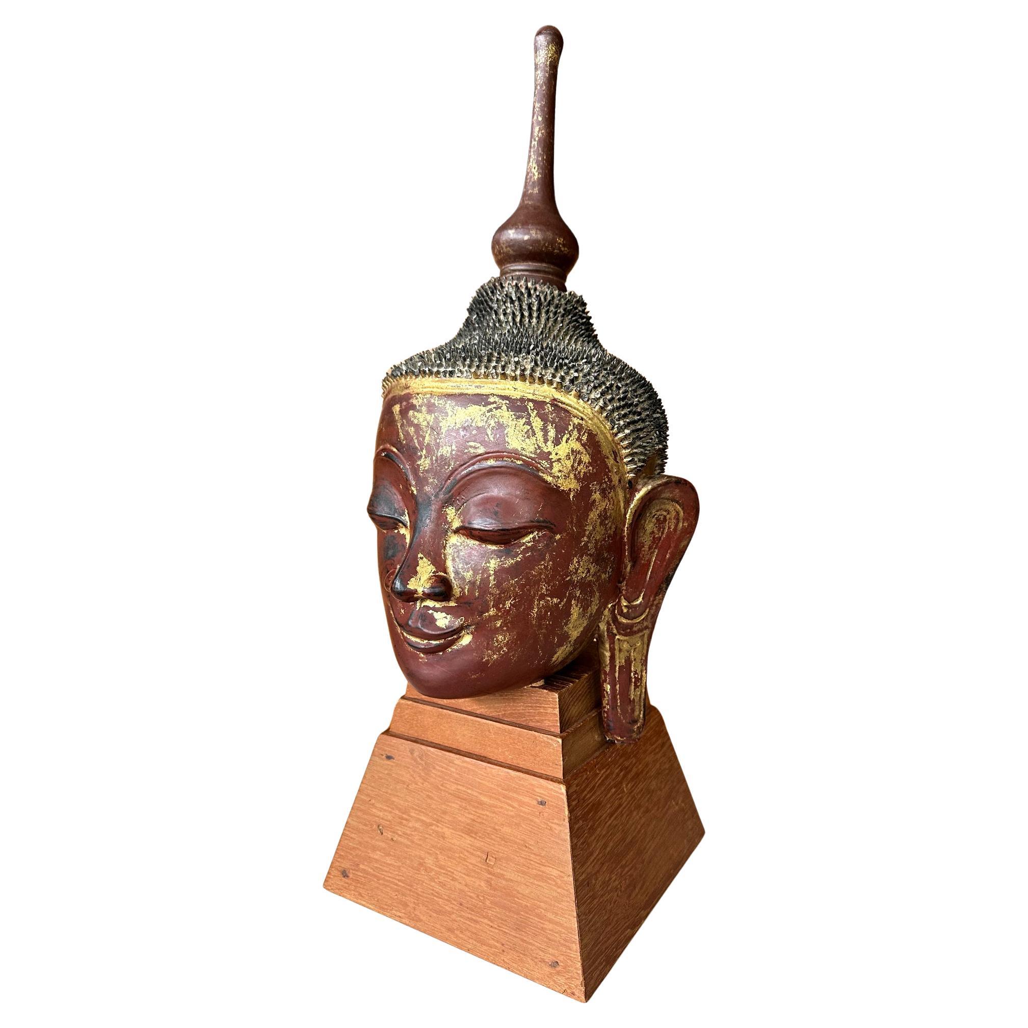 Antique Burmese Lacquer and Gilt Buddha Head Sculpture  For Sale