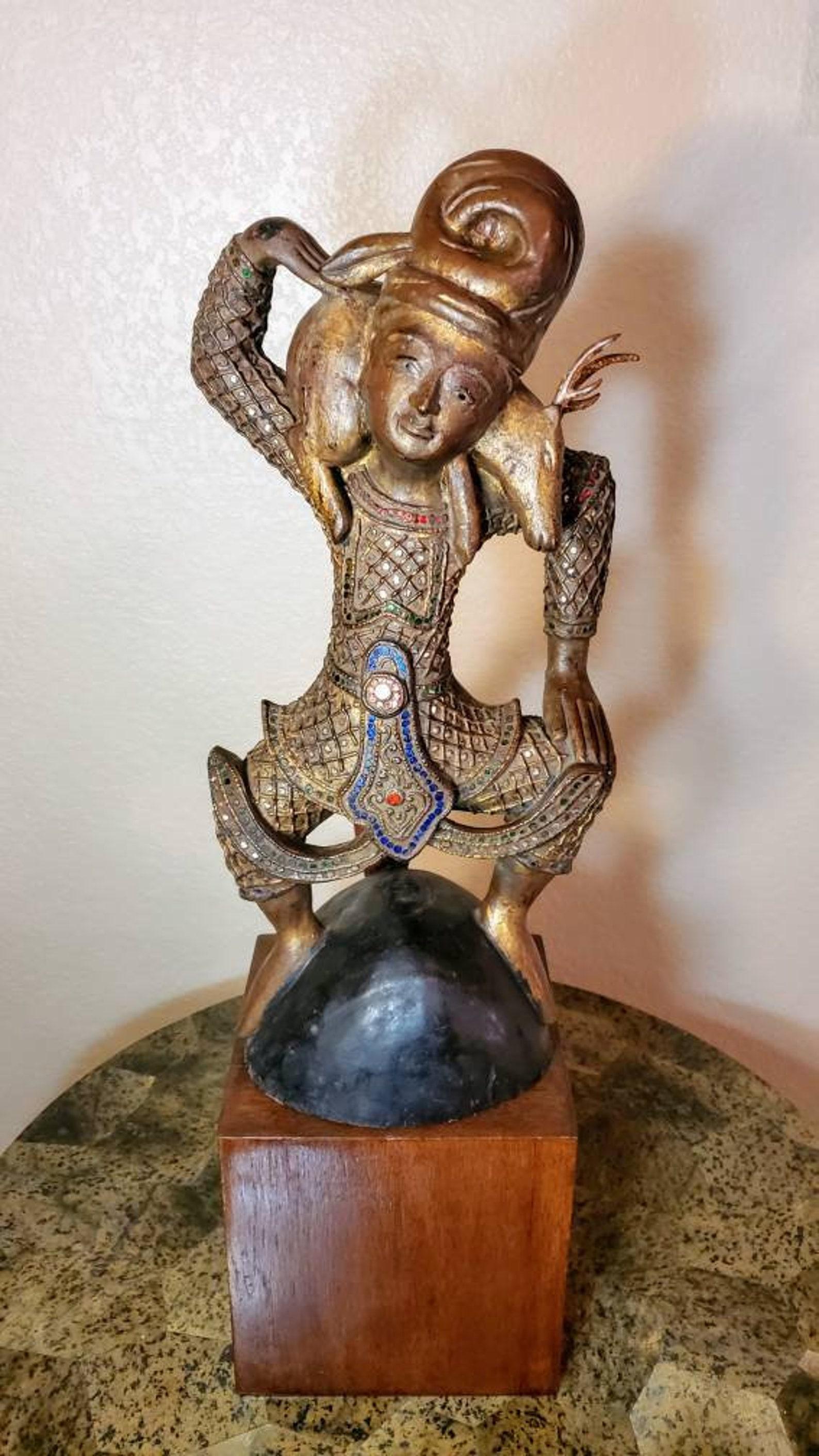 A rare and exceptional antique Southeast Asian Burmese hand carved and gilded teak wood religious figure Buddhist temple -monastery sculpture. 

Exquisitely hand-crafted in Burma (present day Myanmar) in the late 19th century, finely sculpted from a