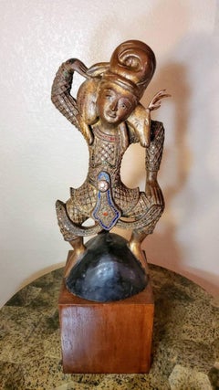Antique Burmese Mandalay Period Buddhist Dancer Nat Spirit Deer Figure Sculpture