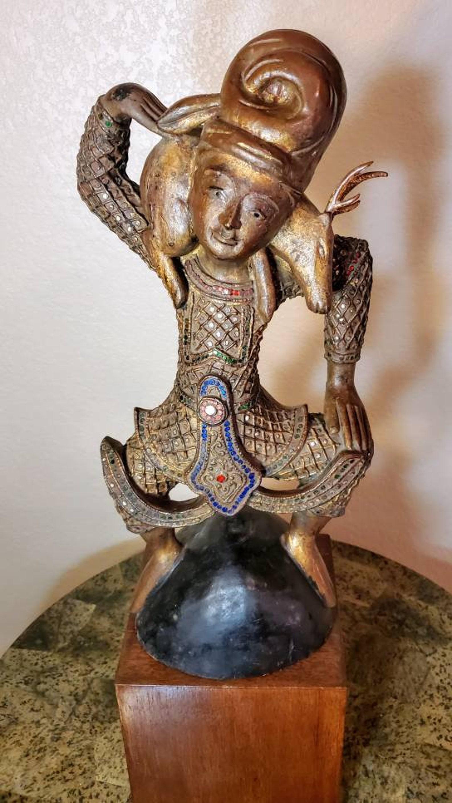 Inlay Antique Burmese Mandalay Period Buddhist Dancer Nat Spirit Deer Figure Sculpture For Sale