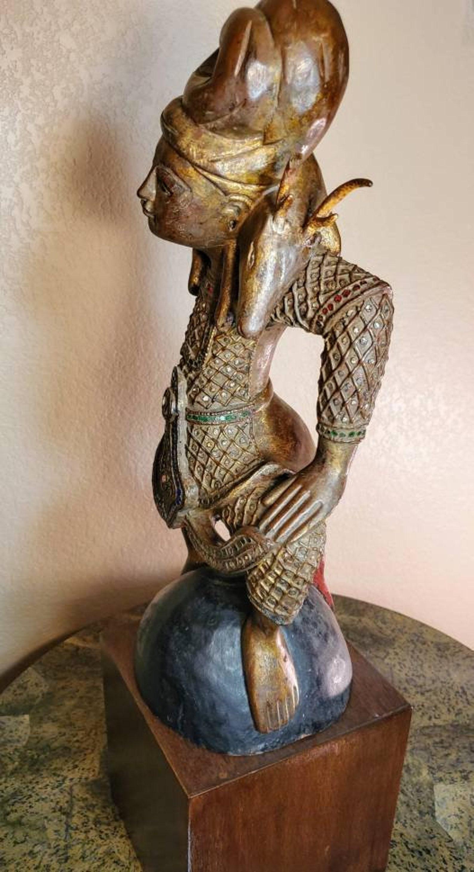 Antique Burmese Mandalay Period Buddhist Dancer Nat Spirit Deer Figure Sculpture In Good Condition For Sale In Forney, TX