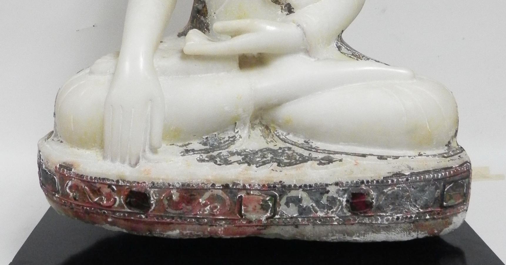 Hand-Carved Antique Burmese Marble Seated Buddha Sculpture, Mandalay, Lacquer&Glass Remains