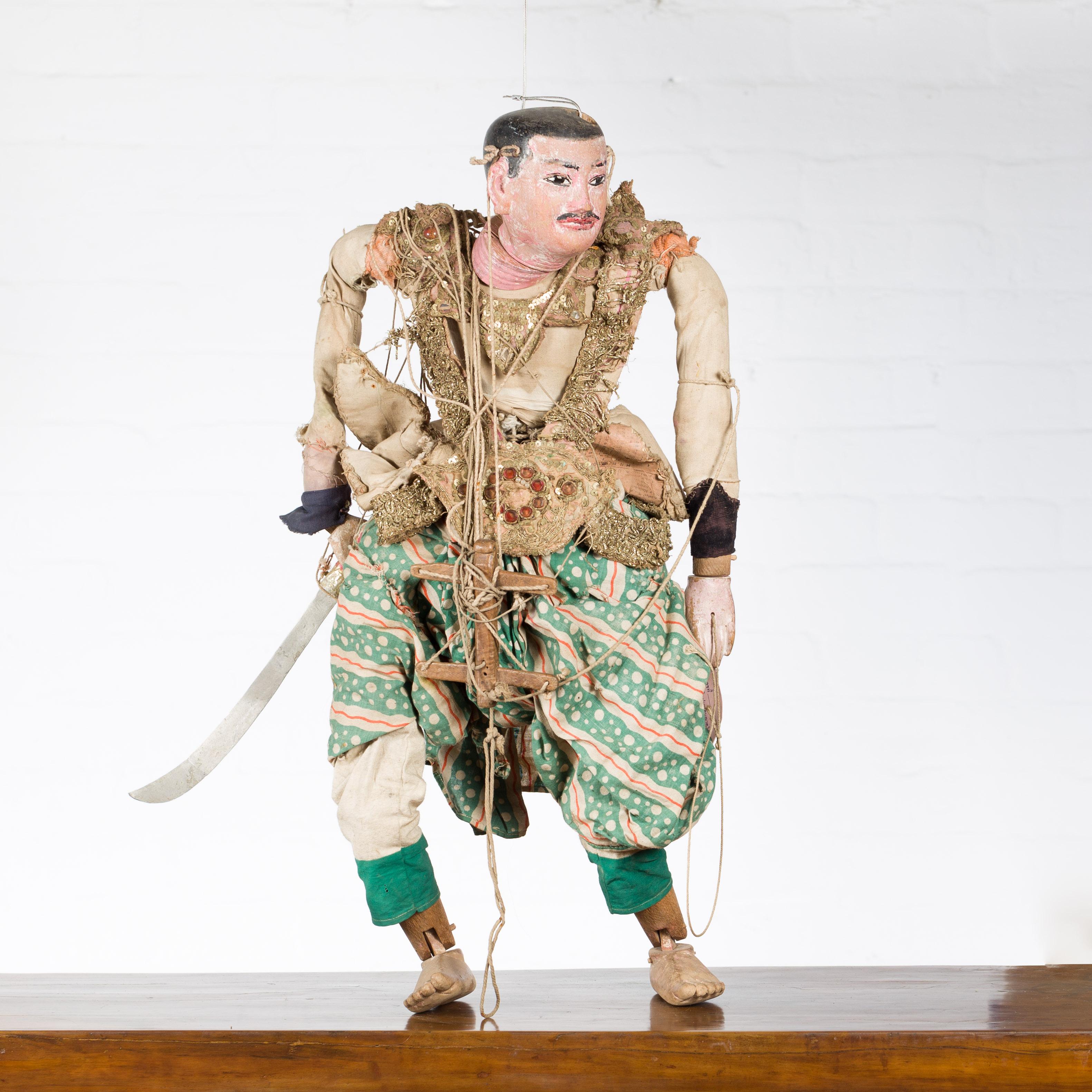 19th Century Antique Burmese Marionette of a Soldier Holding a Saber, with Golden Accents
