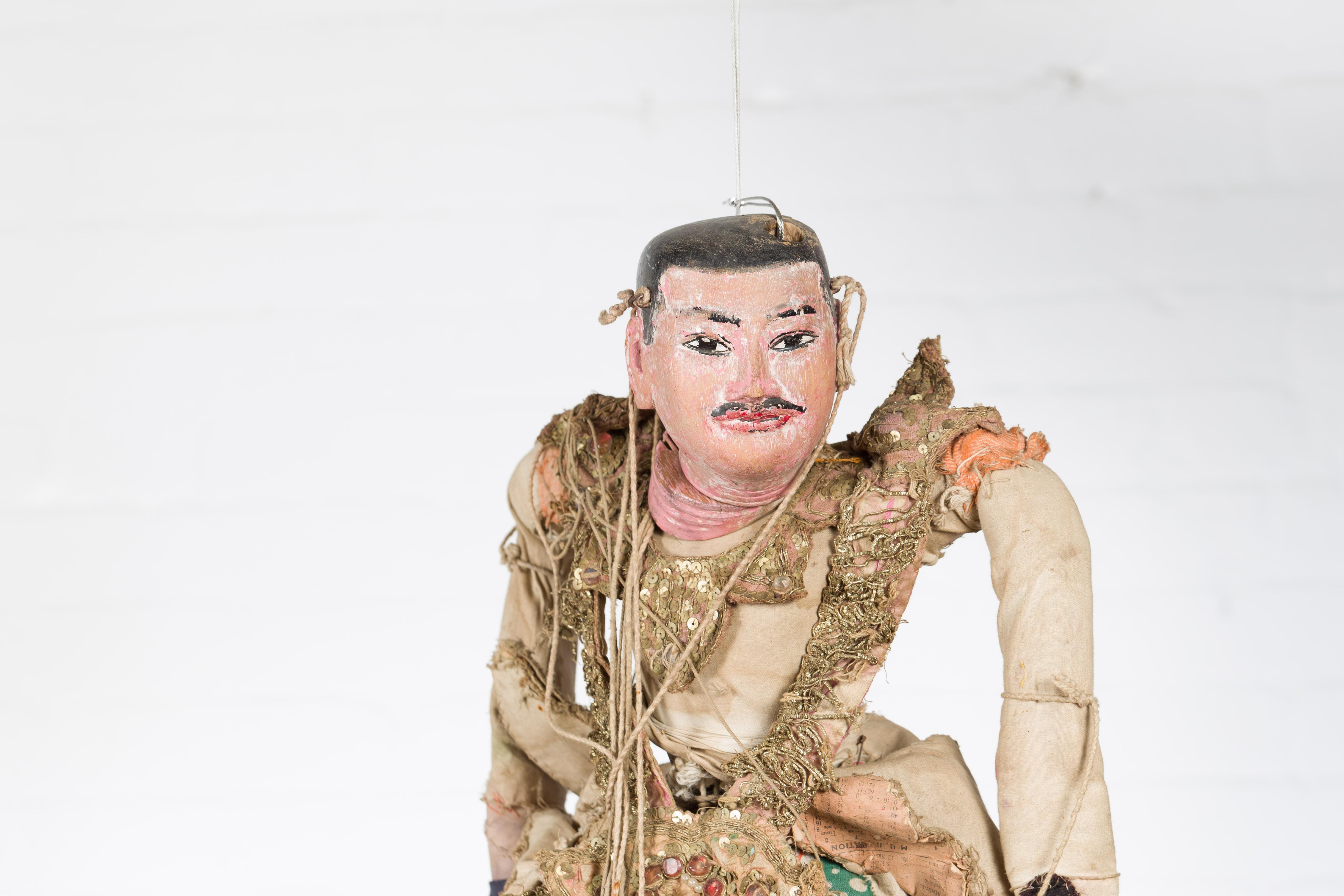 Fabric Antique Burmese Marionette of a Soldier Holding a Saber, with Golden Accents