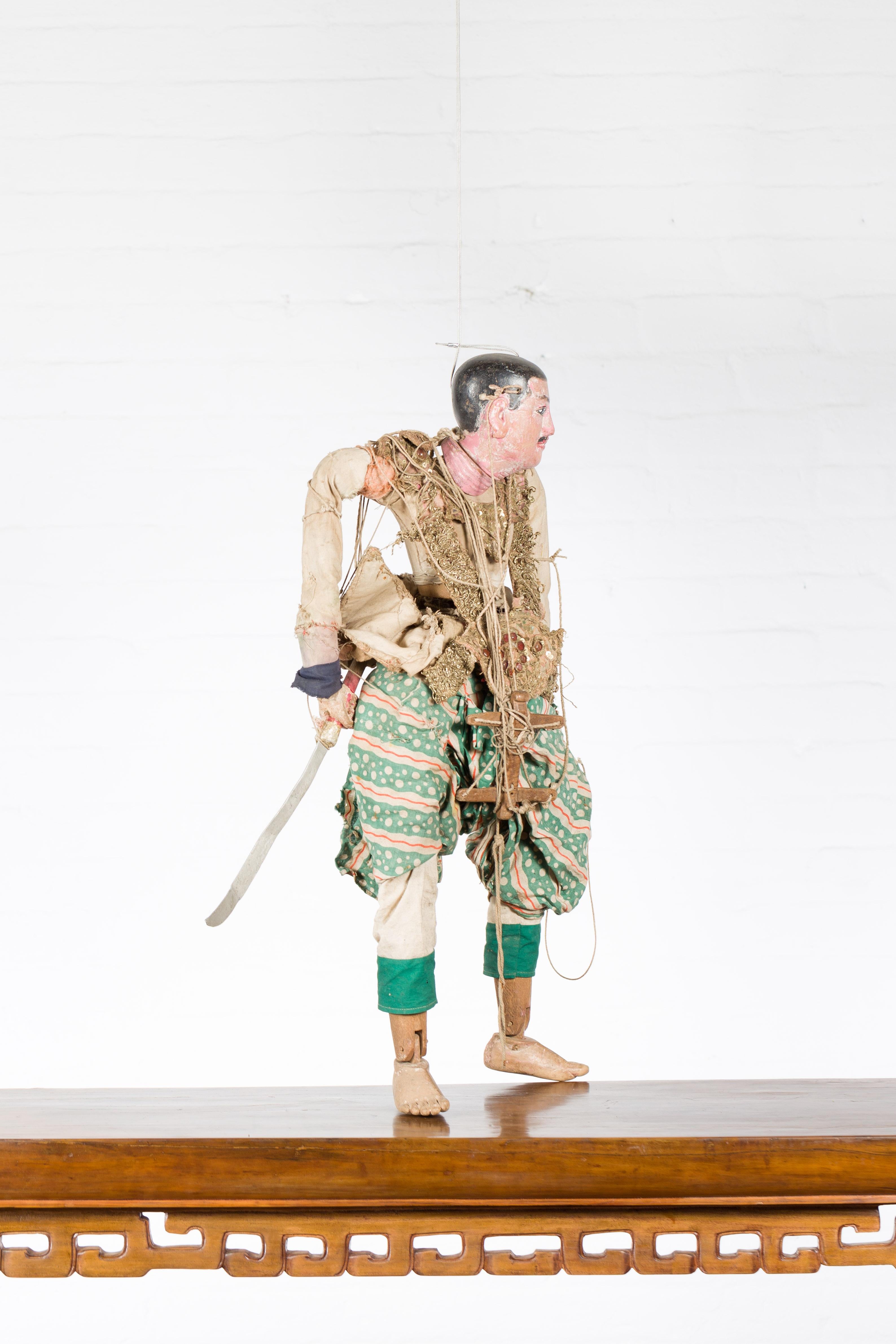 Antique Burmese Marionette of a Soldier Holding a Saber, with Golden Accents 2