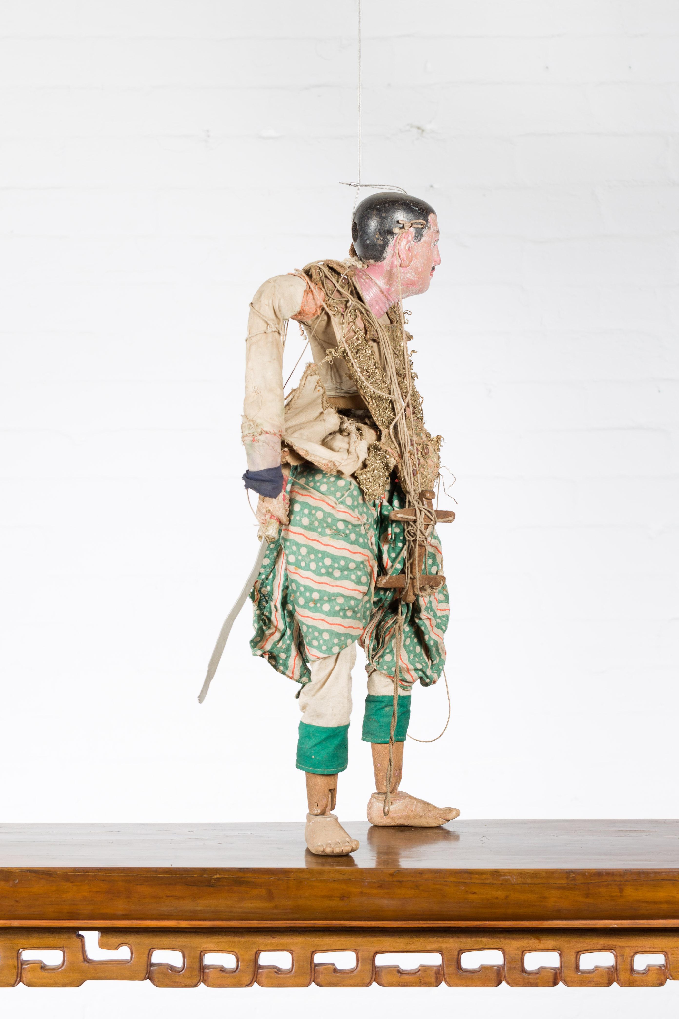 Antique Burmese Marionette of a Soldier Holding a Saber, with Golden Accents 3