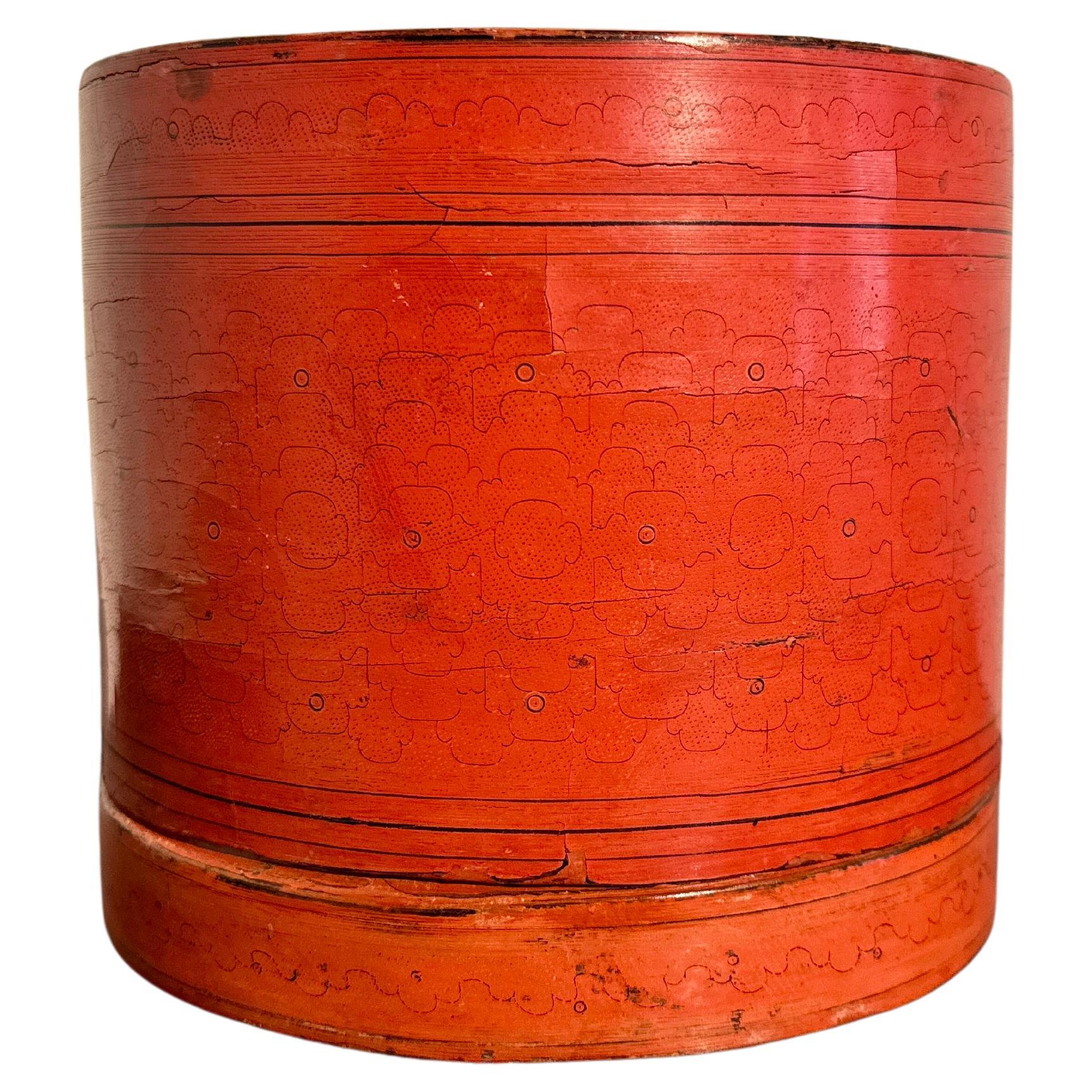 Antique Burmese Orange Lacquer Round Betel Box, c. 1900, Burma