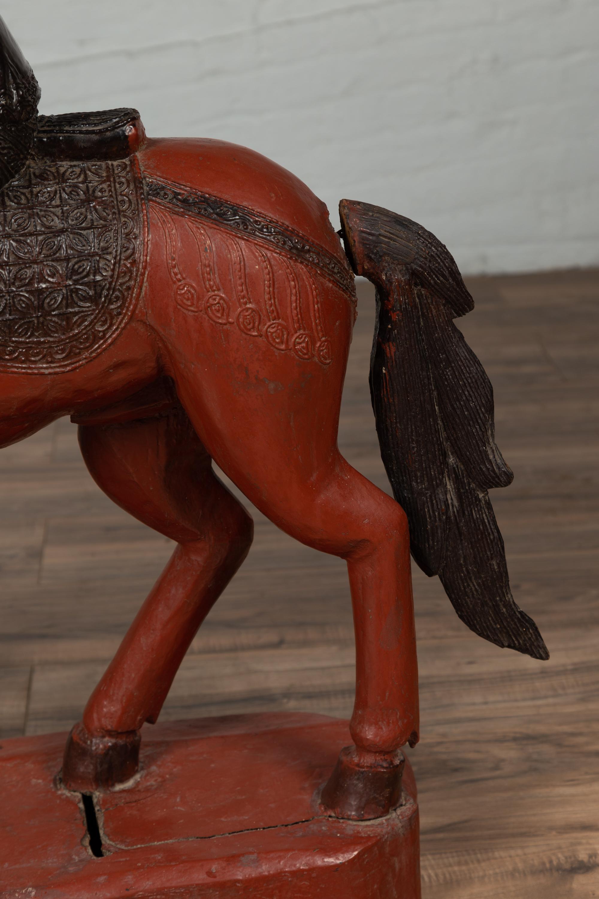 Vintage Burmese Polychrome Carved Wooden Statue of a Warrior on his Horse For Sale 2