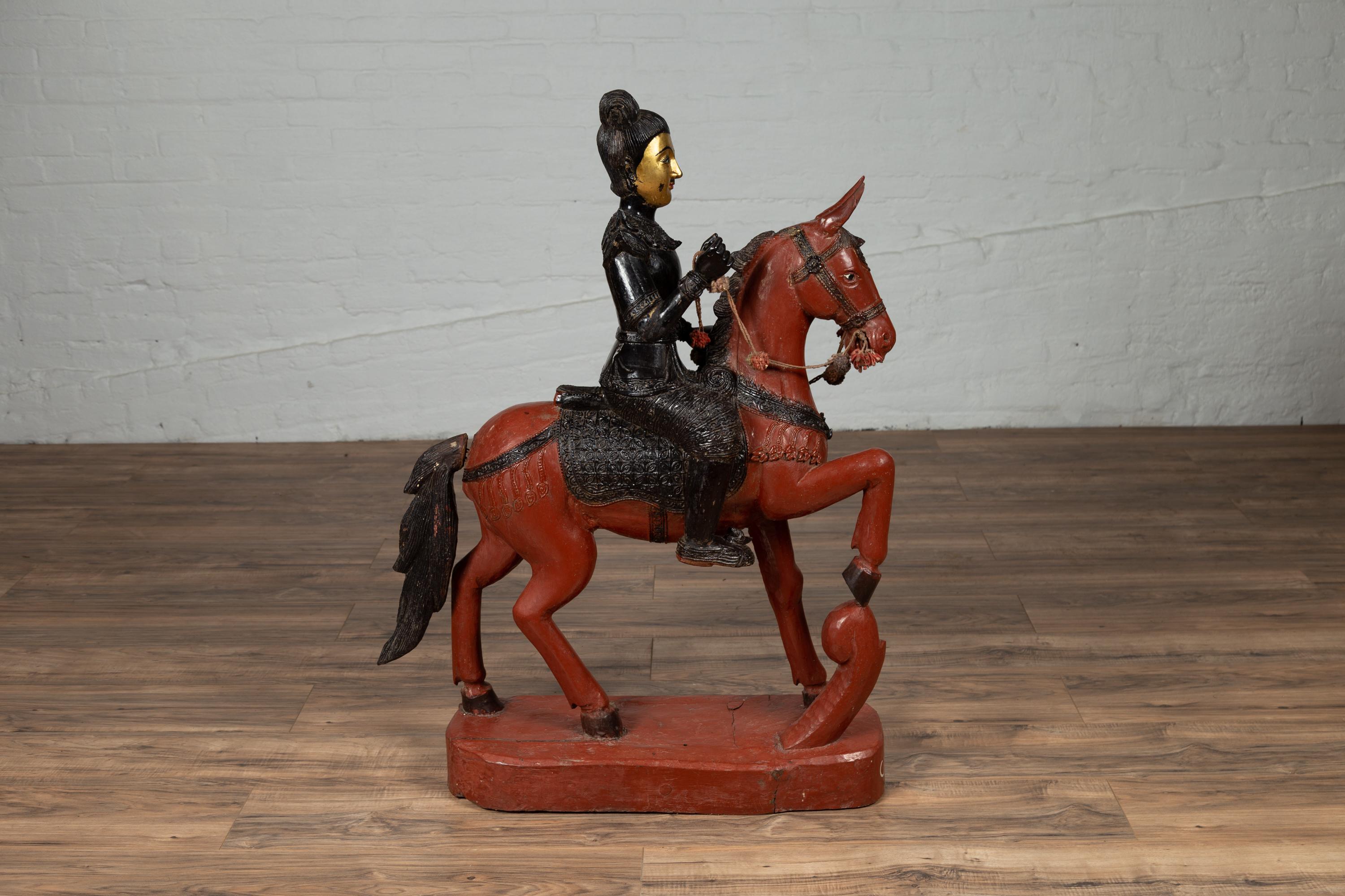 Vintage Burmese Polychrome Carved Wooden Statue of a Warrior on his Horse For Sale 9