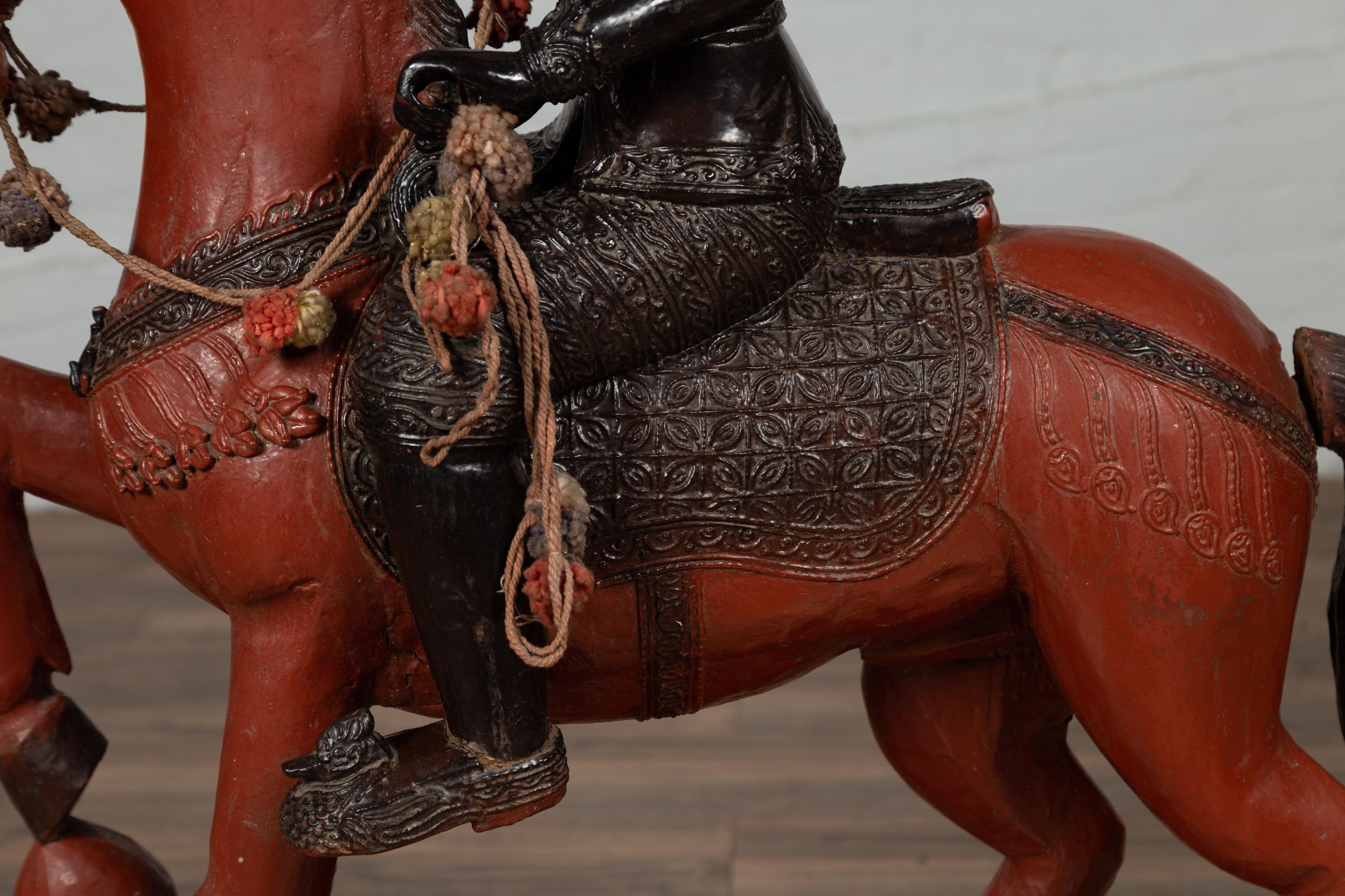 Vintage Burmese Polychrome Carved Wooden Statue of a Warrior on his Horse For Sale 1