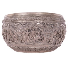 Antique Burmese Repousse Silver Buddhist Thabeik Offering Bowl Guanyin Mark 1890