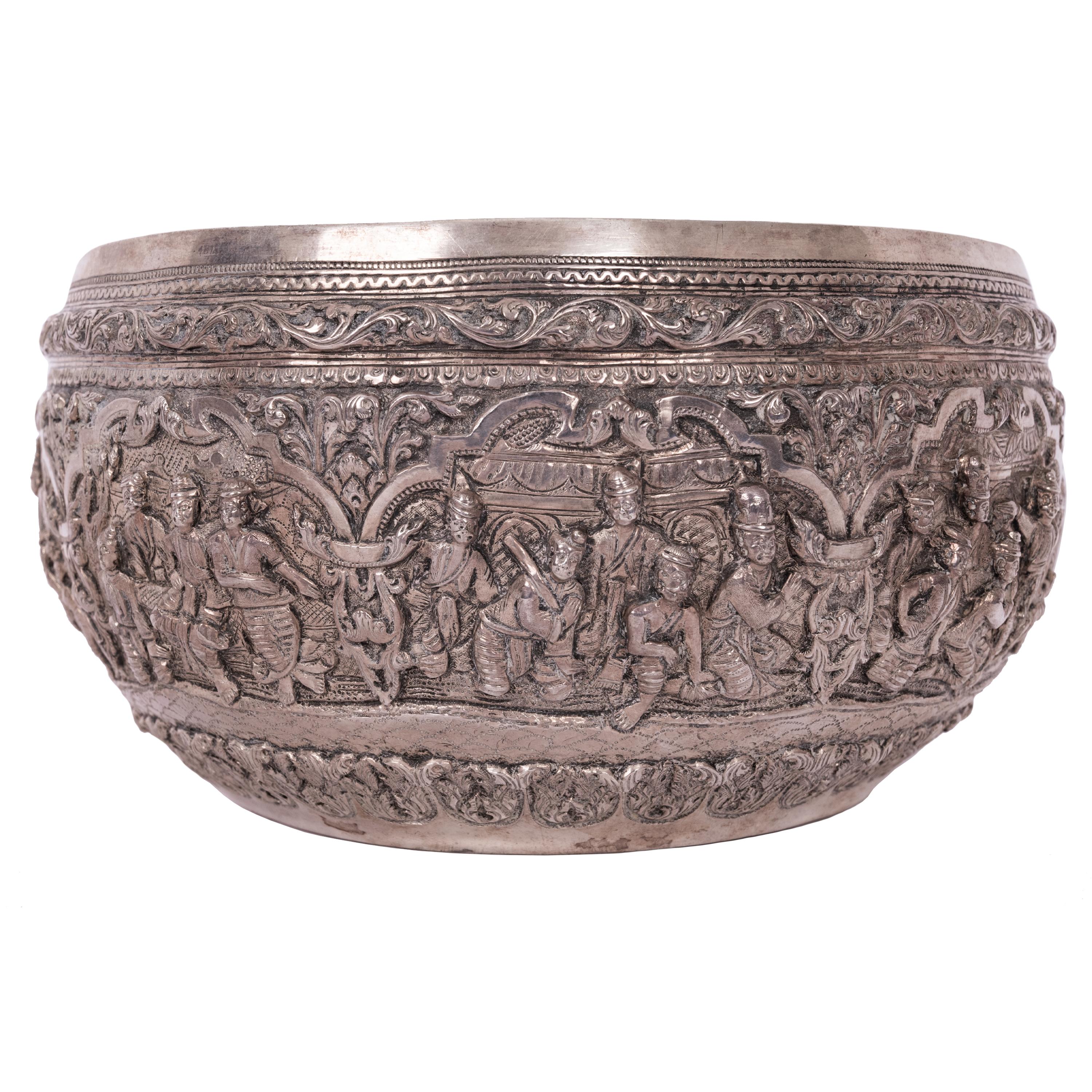 Anglo-Indian Antique Burmese Repousse Silver Buddhist Thabeik Offering Bowl Guanyin Mark 1890 For Sale