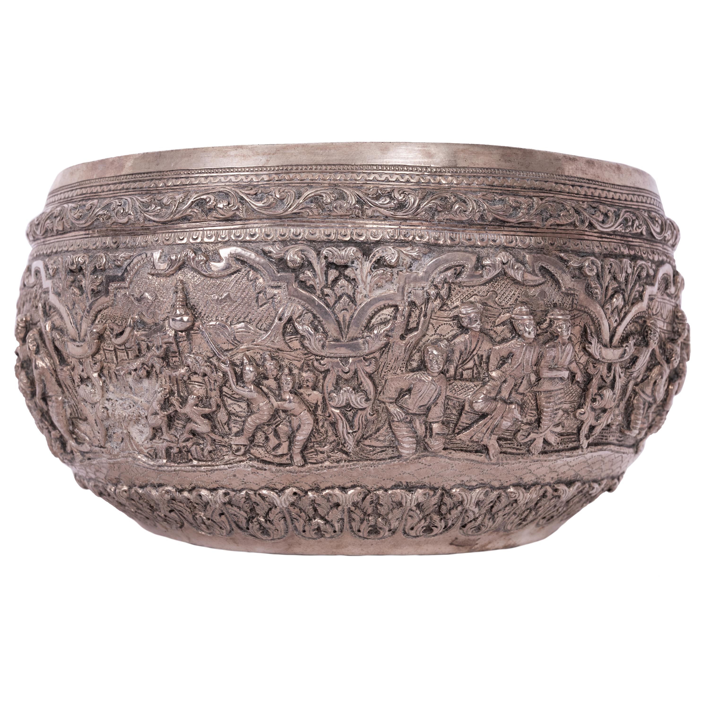 Antique Burmese Repousse Silver Buddhist Thabeik Offering Bowl Guanyin Mark 1890 For Sale 1