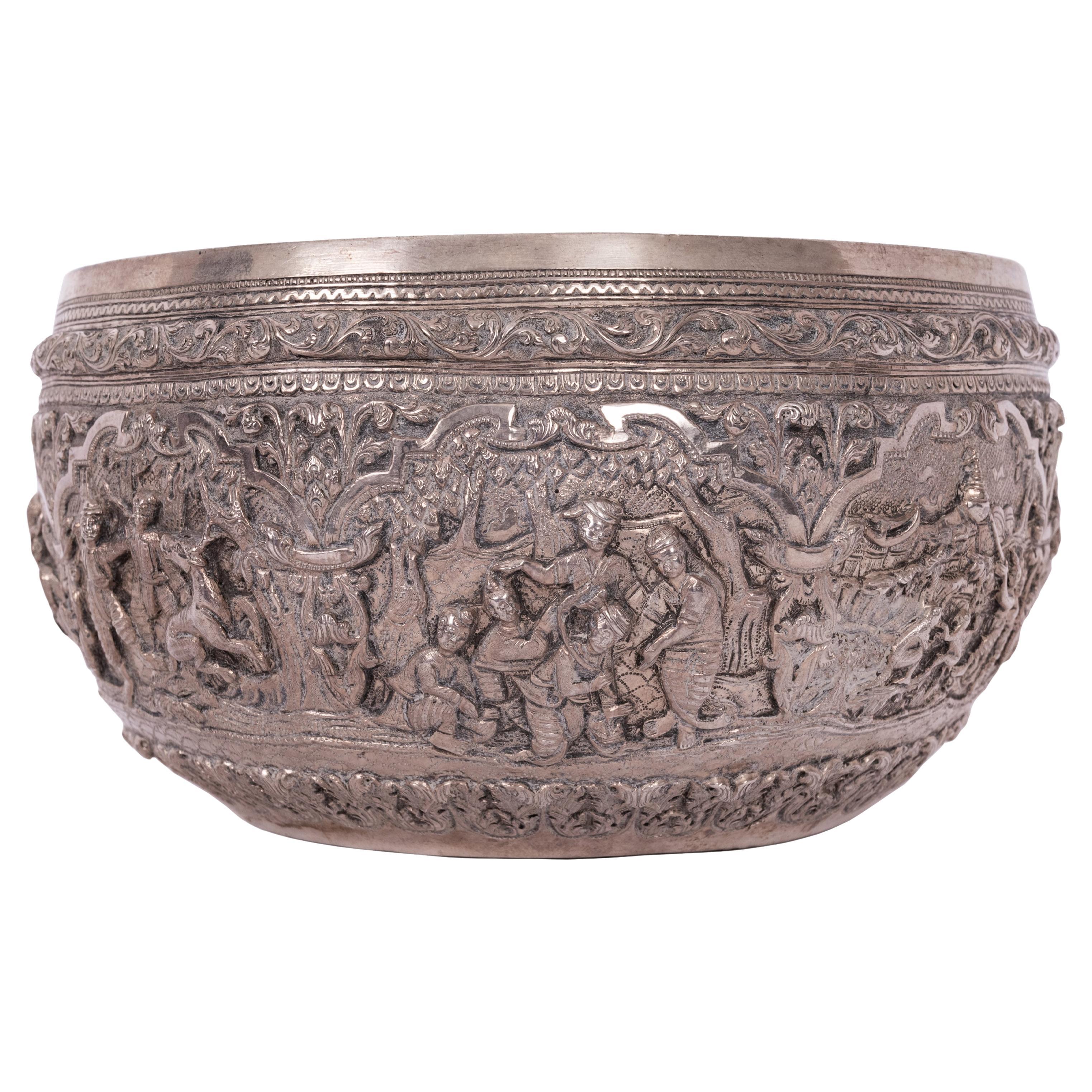 Antique Burmese Repousse Silver Buddhist Thabeik Offering Bowl Guanyin Mark 1890 For Sale