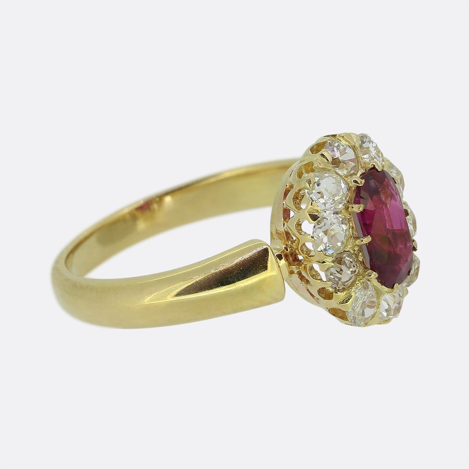 Oval Cut Antique Burmese Ruby and Diamond Cluster Ring For Sale