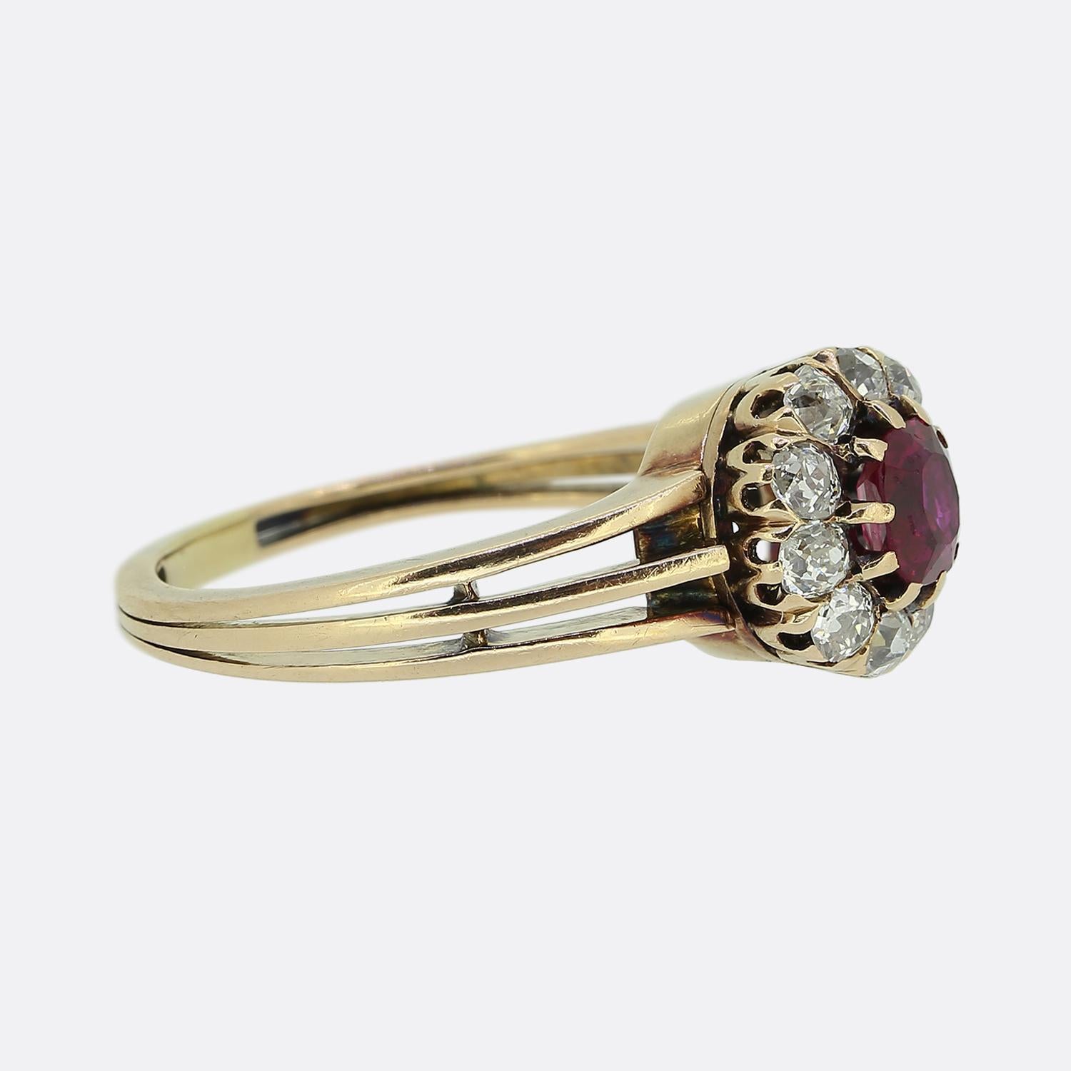 Victorian Antique Burmese Ruby and Diamond Cluster Ring For Sale