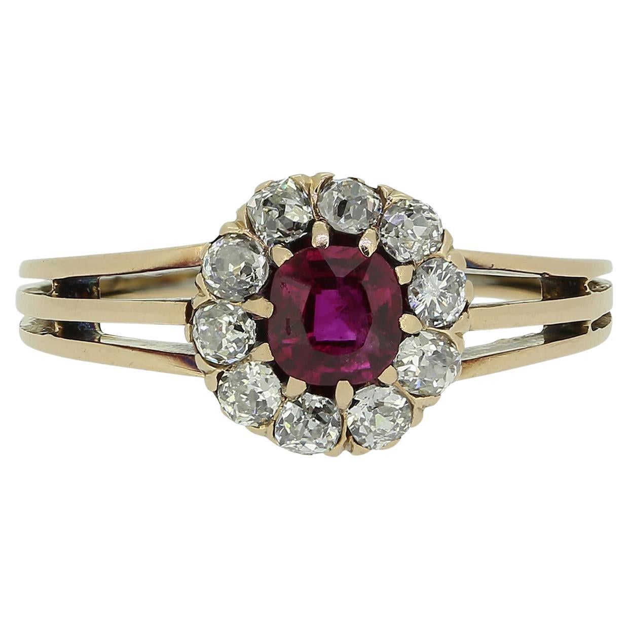 Antique Burmese Ruby and Diamond Cluster Ring For Sale