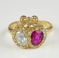 Antique certified Burmese Ruby and Diamond Double Heart Ring