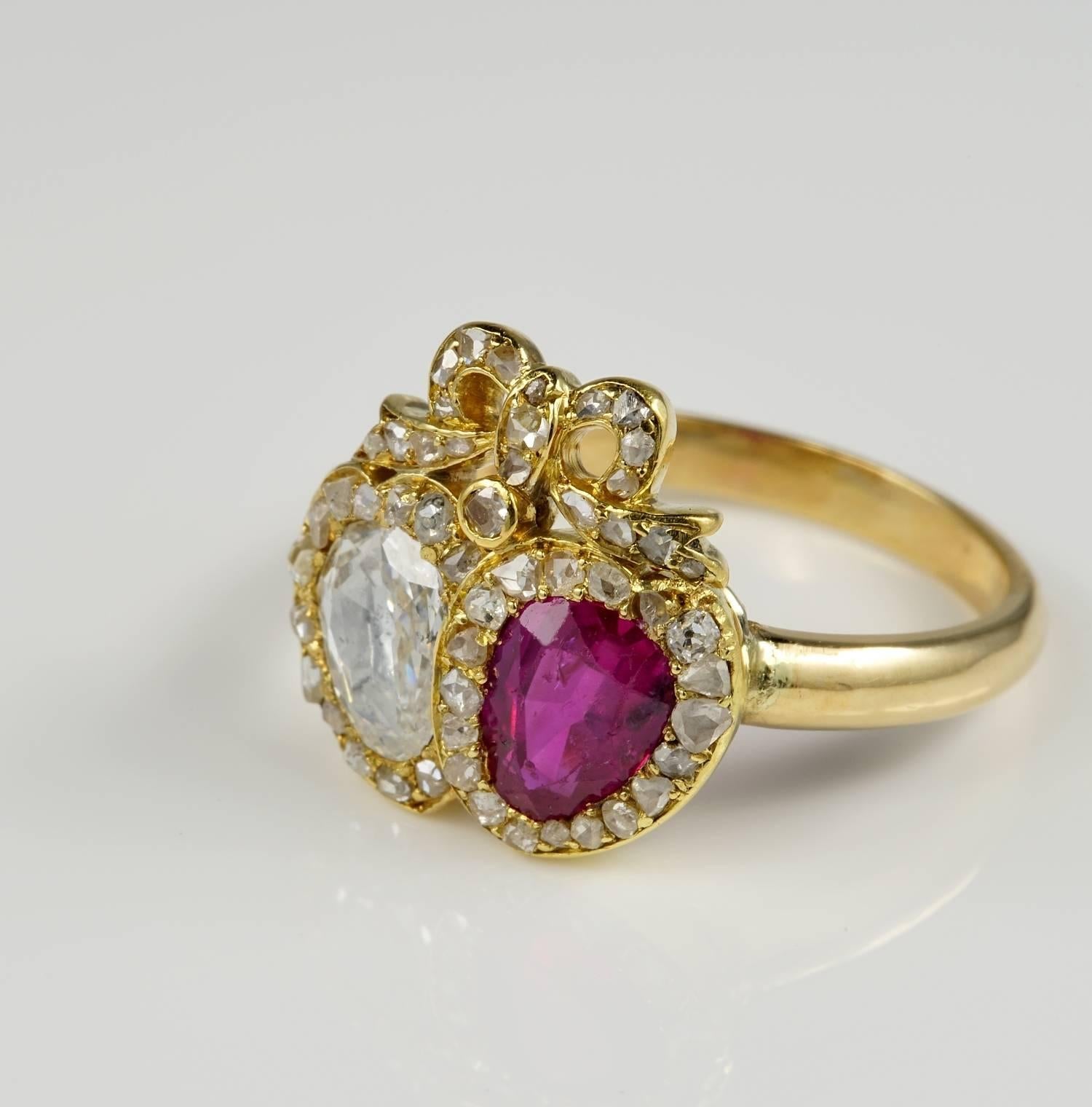 Georgian Antique certified Burmese Ruby and Diamond Double Heart Ring For Sale