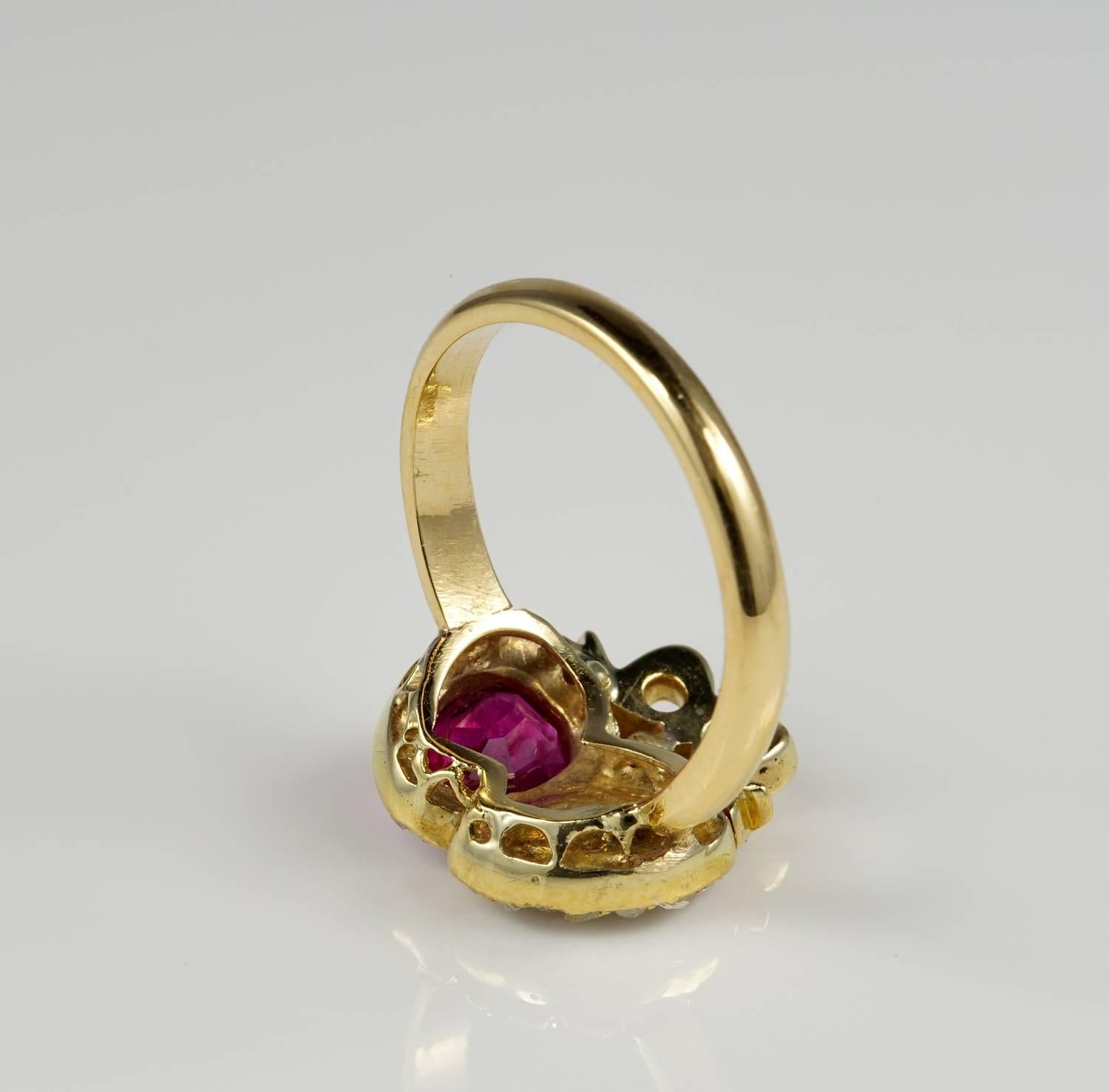 Women's Antique certified Burmese Ruby and Diamond Double Heart Ring For Sale