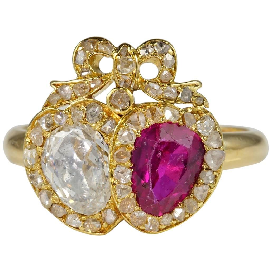 Antique certified Burmese Ruby and Diamond Double Heart Ring For Sale