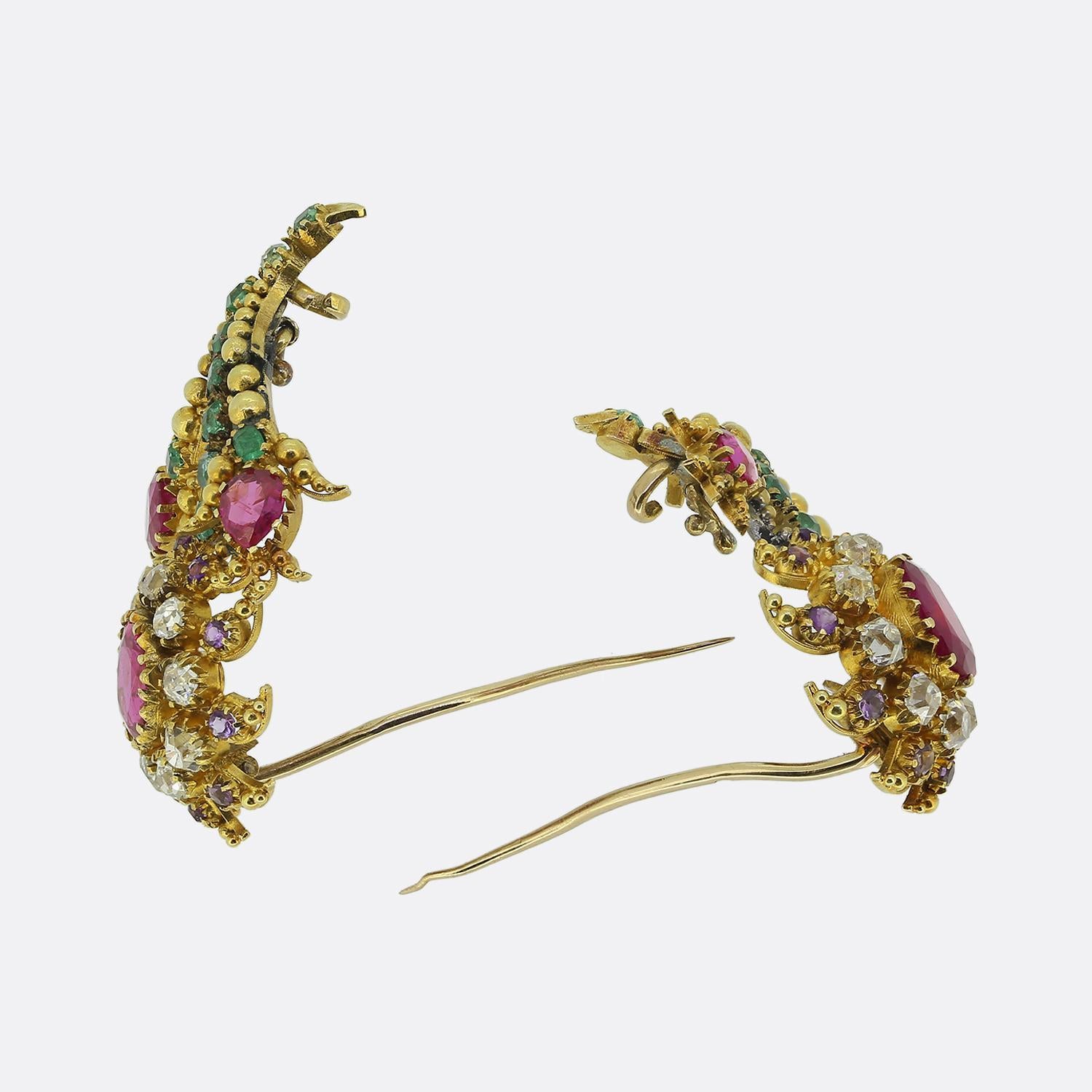Ruby Stone Brooch Antique Burmese Ruby and Multi Gemstone Flower Brooch Set For Sale at ...