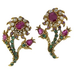 Antique Burmese Ruby and Multi Gemstone Flower Brooch Set