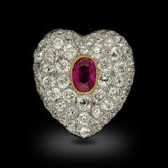 Antique Burmese Ruby & Diamond Heart Brooch Circa 1910