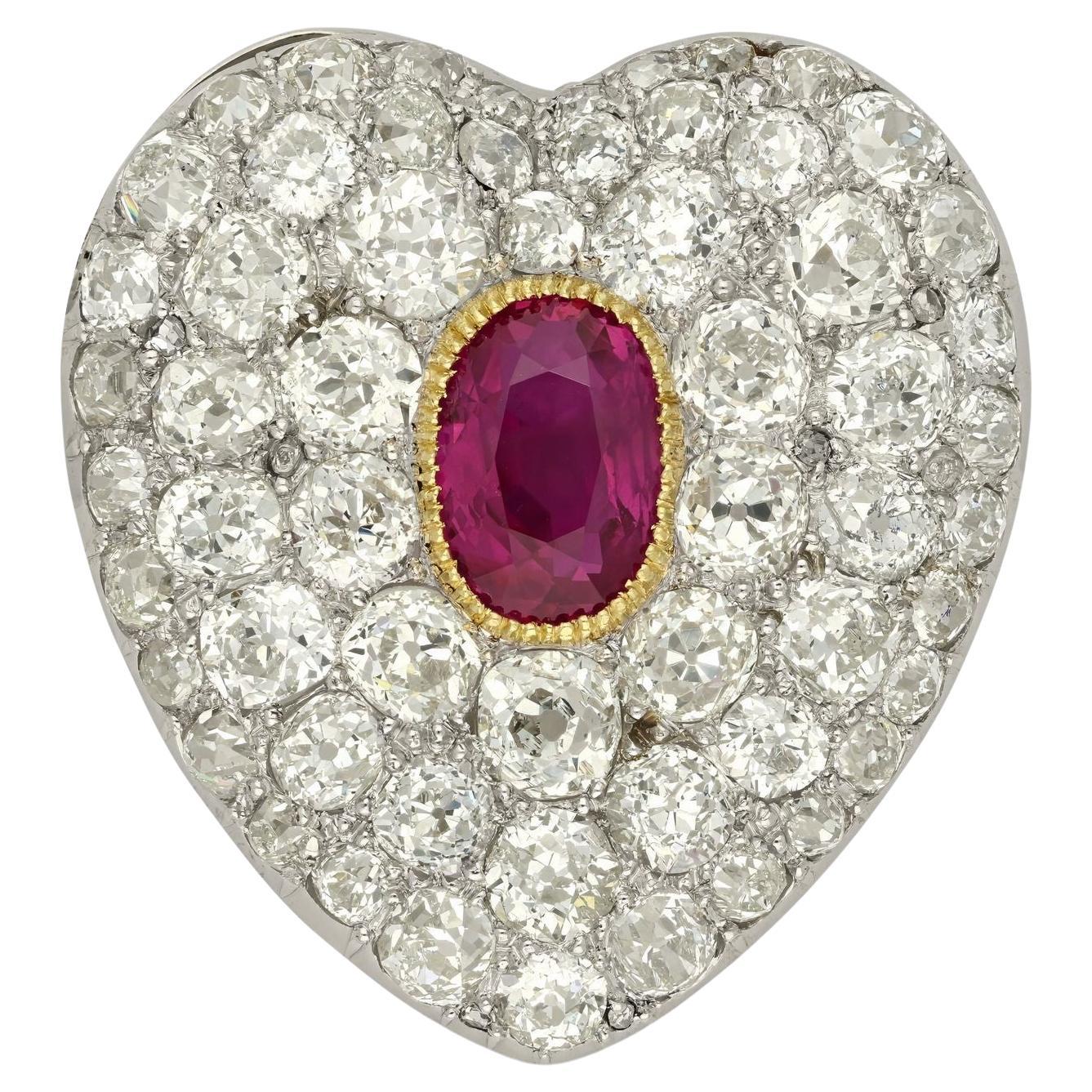 Antique Burmese Ruby & Diamond Heart Brooch Circa 1910