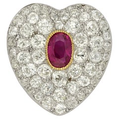 Antique Burmese Ruby & Diamond Heart Brooch Circa 1910