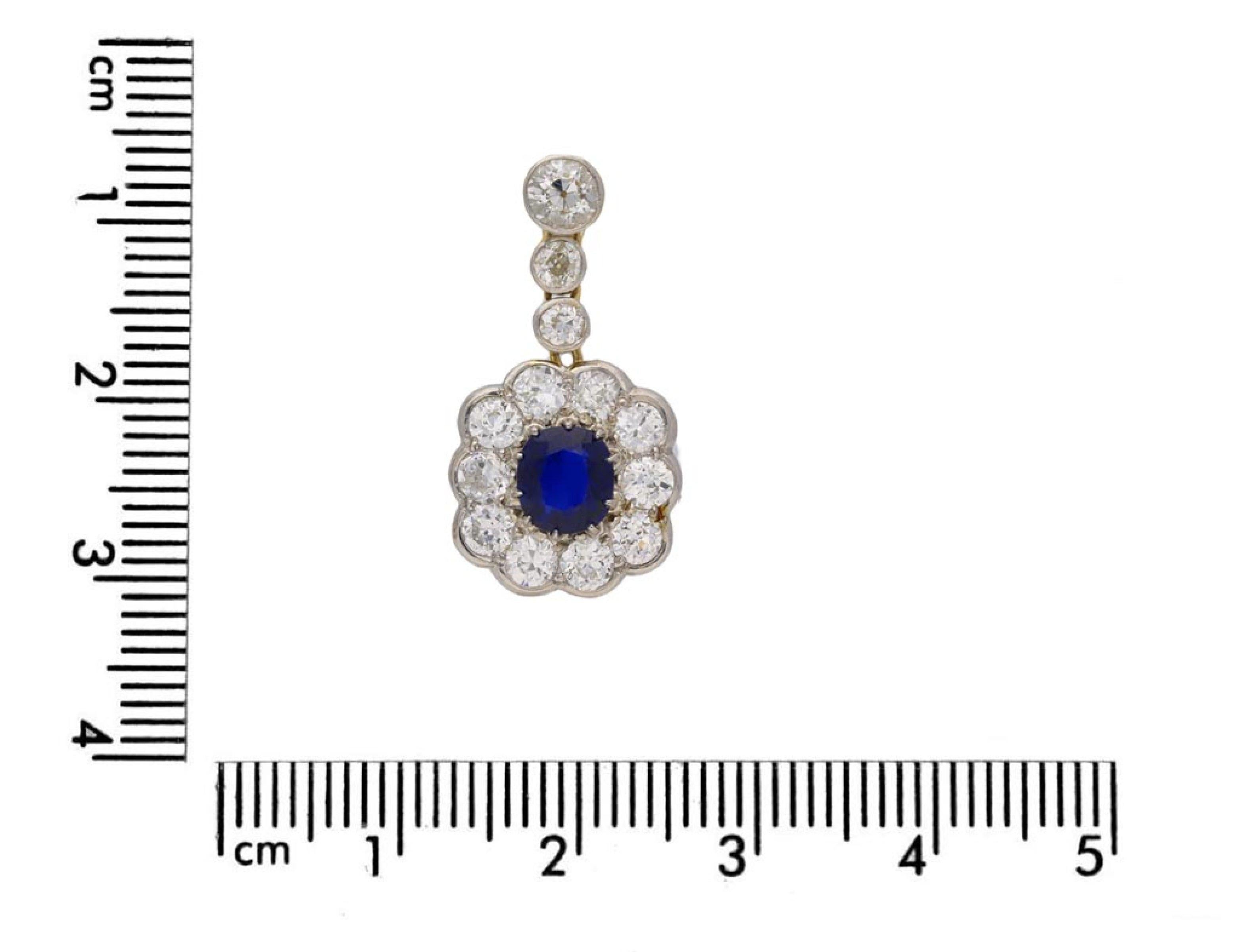 Cushion Cut Antique Burmese sapphire and diamond earrings, English, circa 1910 For Sale
