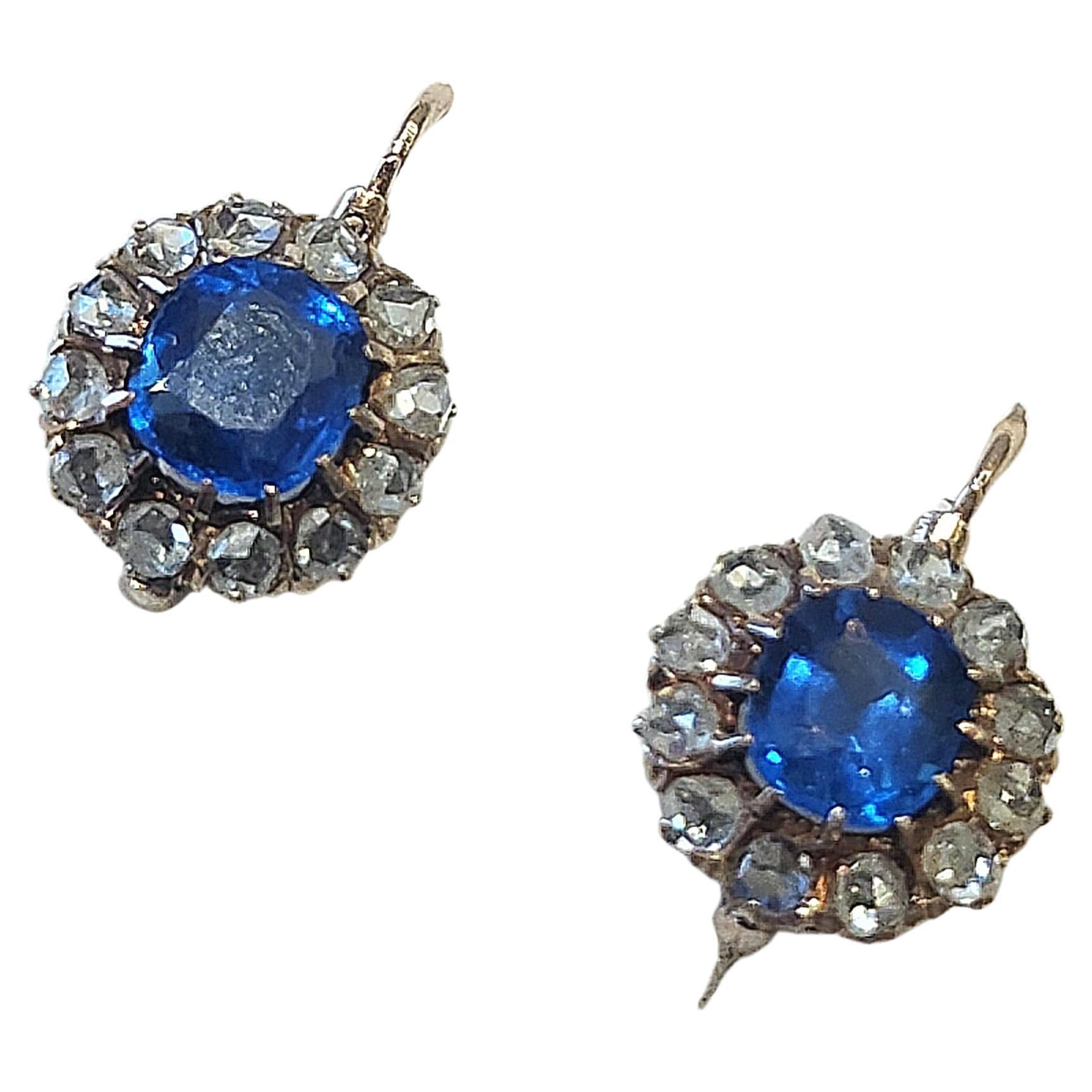 Antique Burmese Sapphire And Rose Cut Diamond Gold Earrings