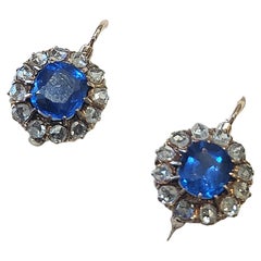 Antique Burmese Sapphire And Rose Cut Diamond Gold Earrings