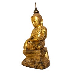 Antique Burmese Shan Wood, Lacquer and Gold Leafed Buddha, 19th Century