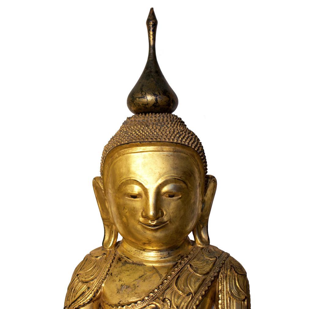 Antique Burmese Shan Wood, Lacquer and Gold Leafed Buddha, 19th Century For Sale 4