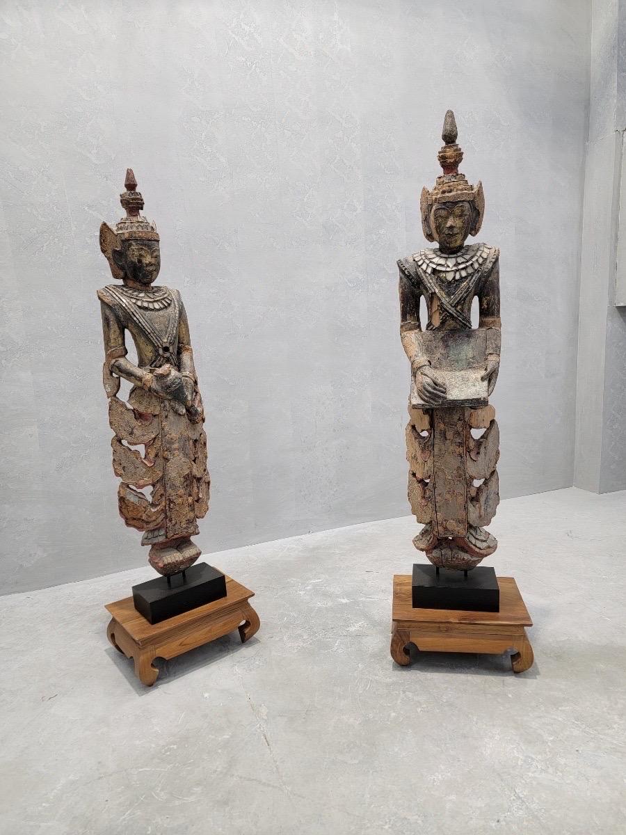 Rustic Antique Burmese Short Lacquered Wood Sculptures w/ Inlaid Colored Glass - Pair For Sale