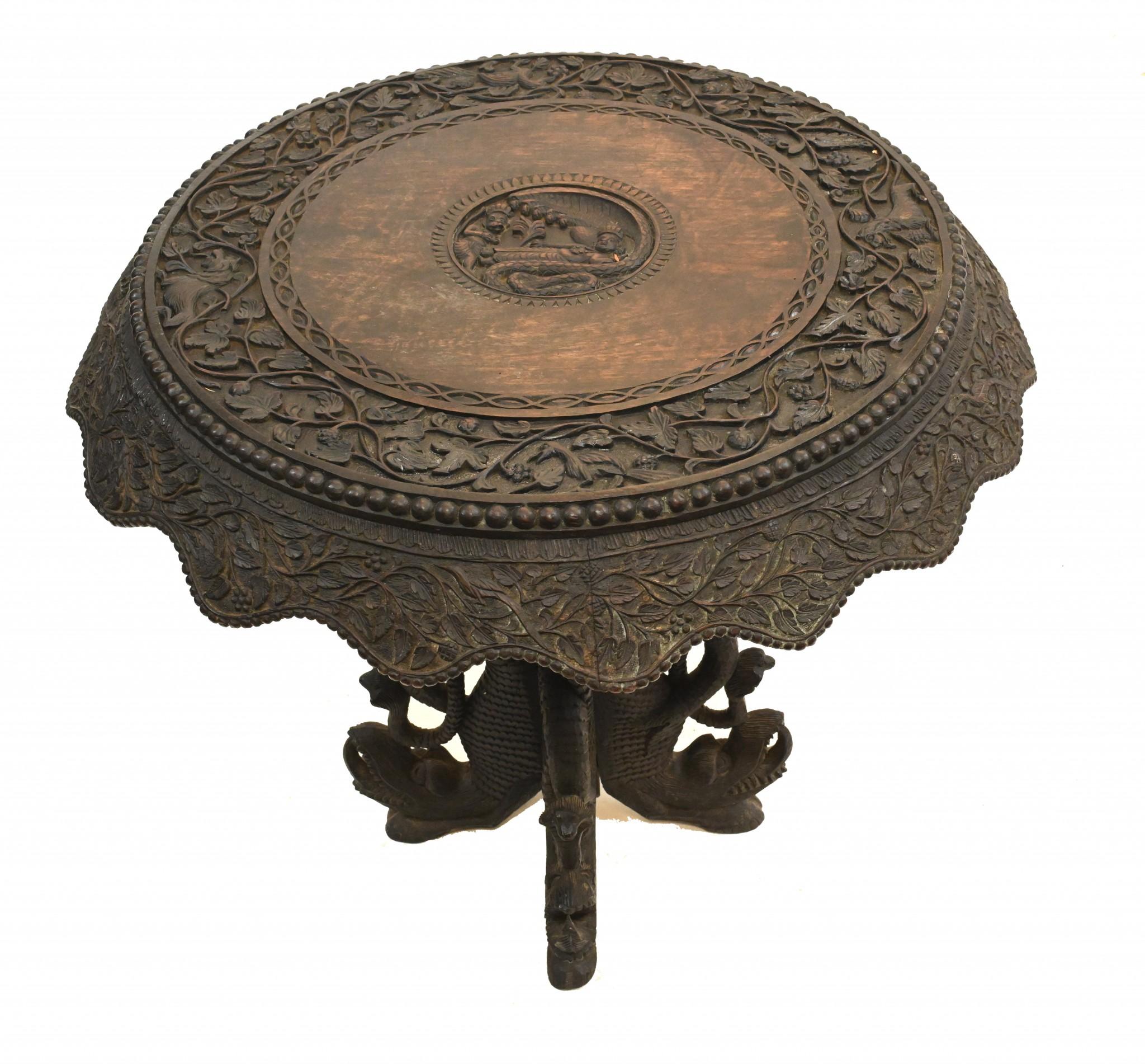 Eye catching Burmese antique side table
Very intricately carved, look at the alligator like creature on the legs
Such detailed craftsmanship on this table we date to circa 1890
Offered in great shape ready for home use right away
We ship to every