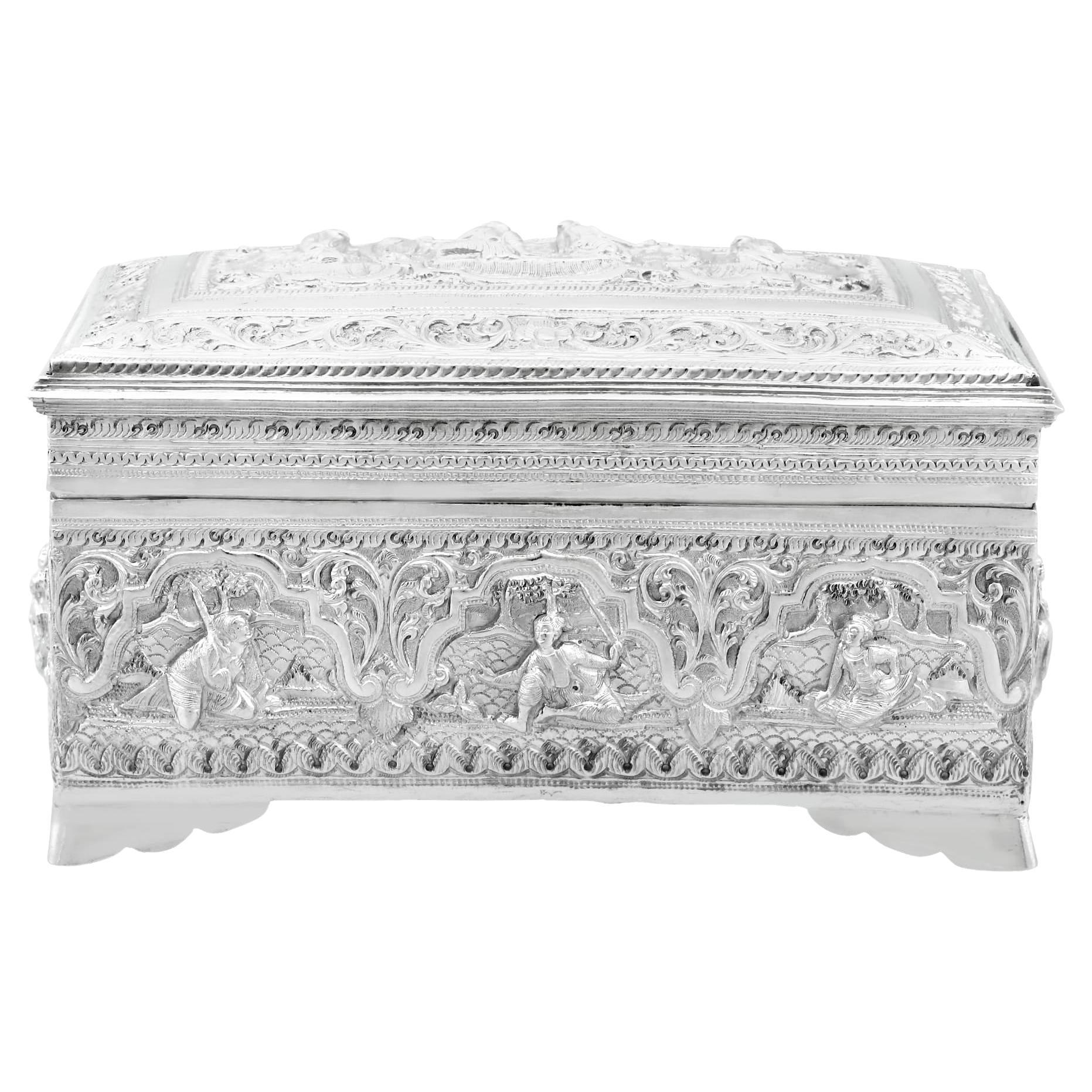 Antique 1890s Burmese Silver Box For Sale