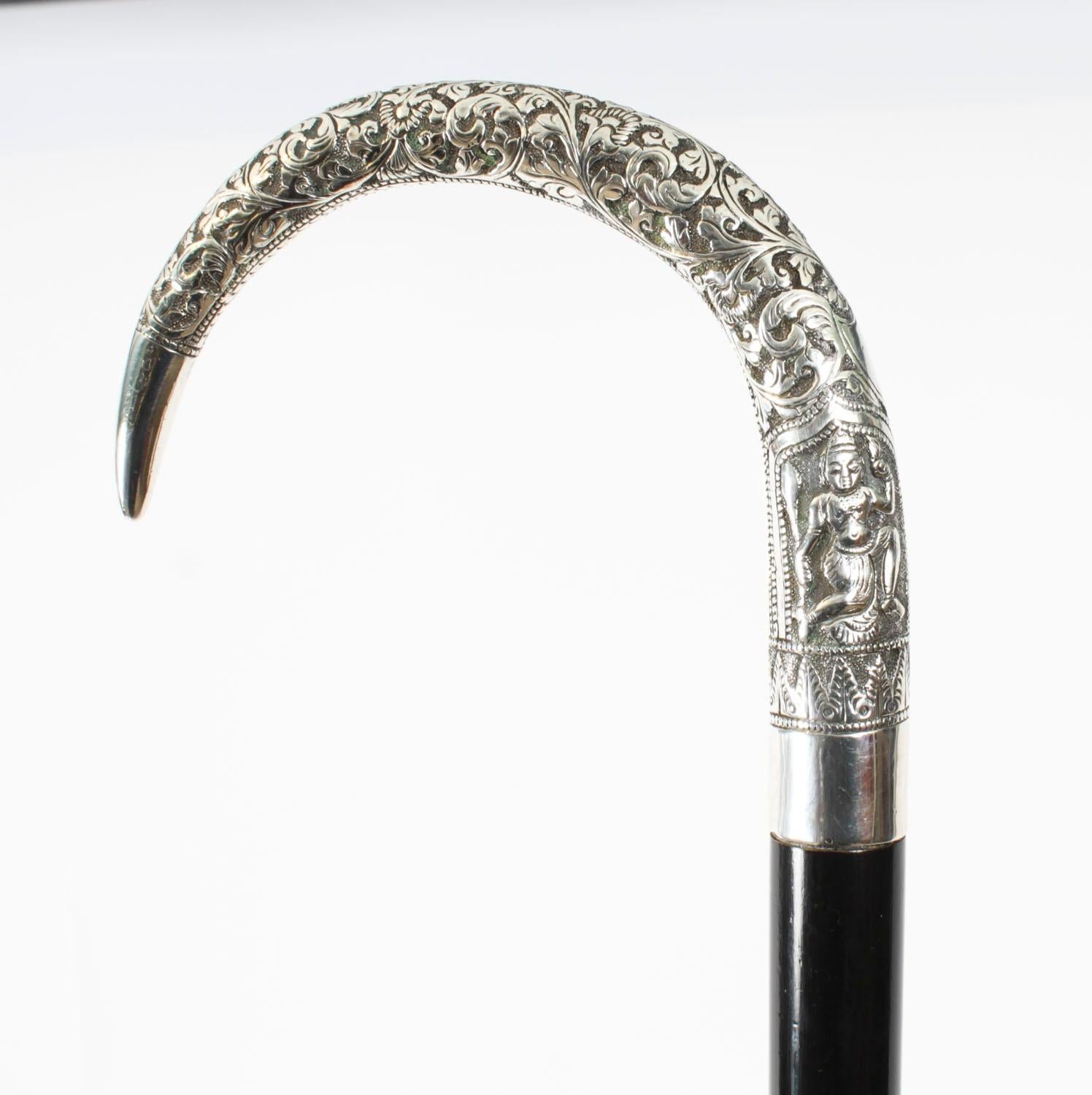 Antique Burmese Silver Ebonised Walking Stick Cane 19th C 91cm/36inches For Sale 6