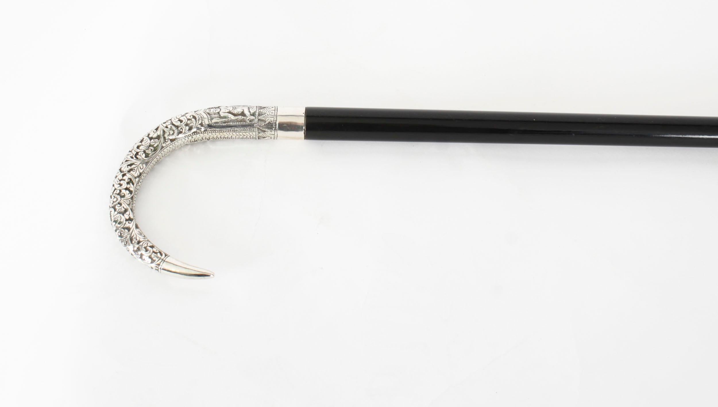 Antique Burmese Silver Ebonised Walking Stick Cane 19th C 91cm/36inches In Good Condition For Sale In London, GB