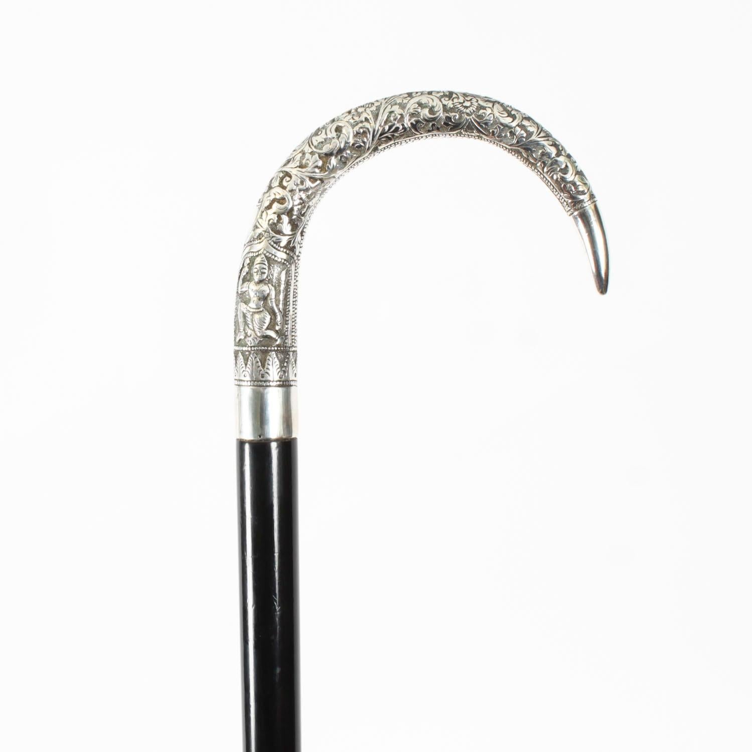 Antique Burmese Silver Ebonised Walking Stick Cane 19th C 91cm/36inches For Sale 1