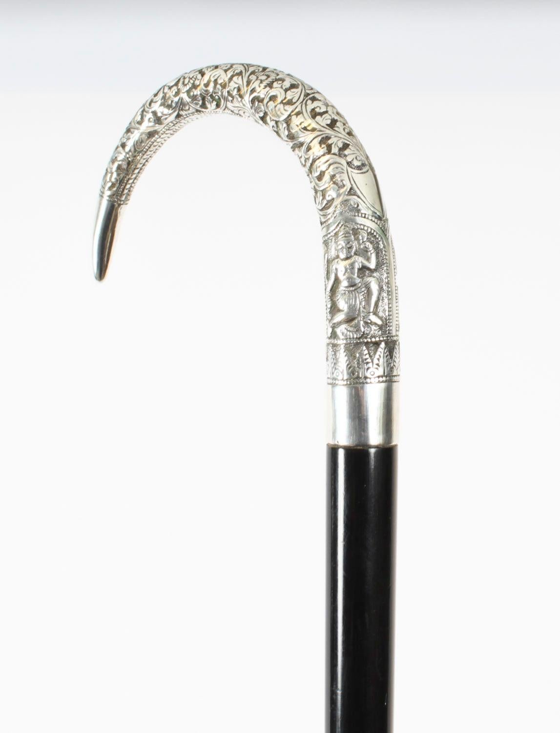 Antique Burmese Silver Ebonised Walking Stick Cane 19th C 91cm/36inches For Sale 2