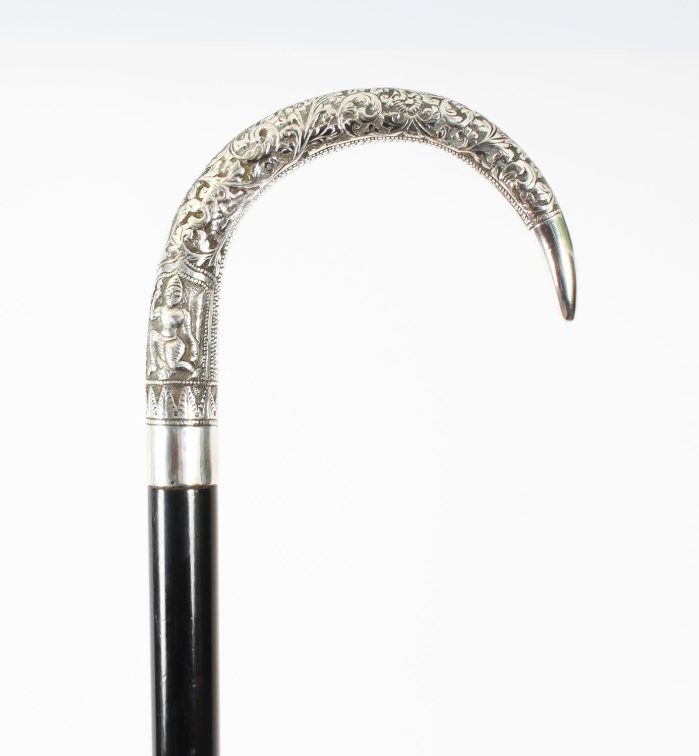 Antique Burmese Silver Ebonised Walking Stick Cane 19th C 91cm/36inches For Sale 3