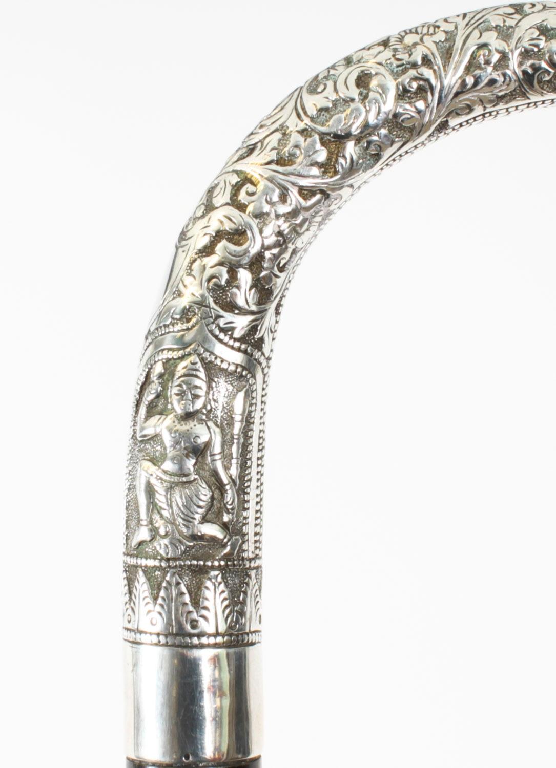 Antique Burmese Silver Ebonised Walking Stick Cane 19th C 91cm/36inches For Sale 4
