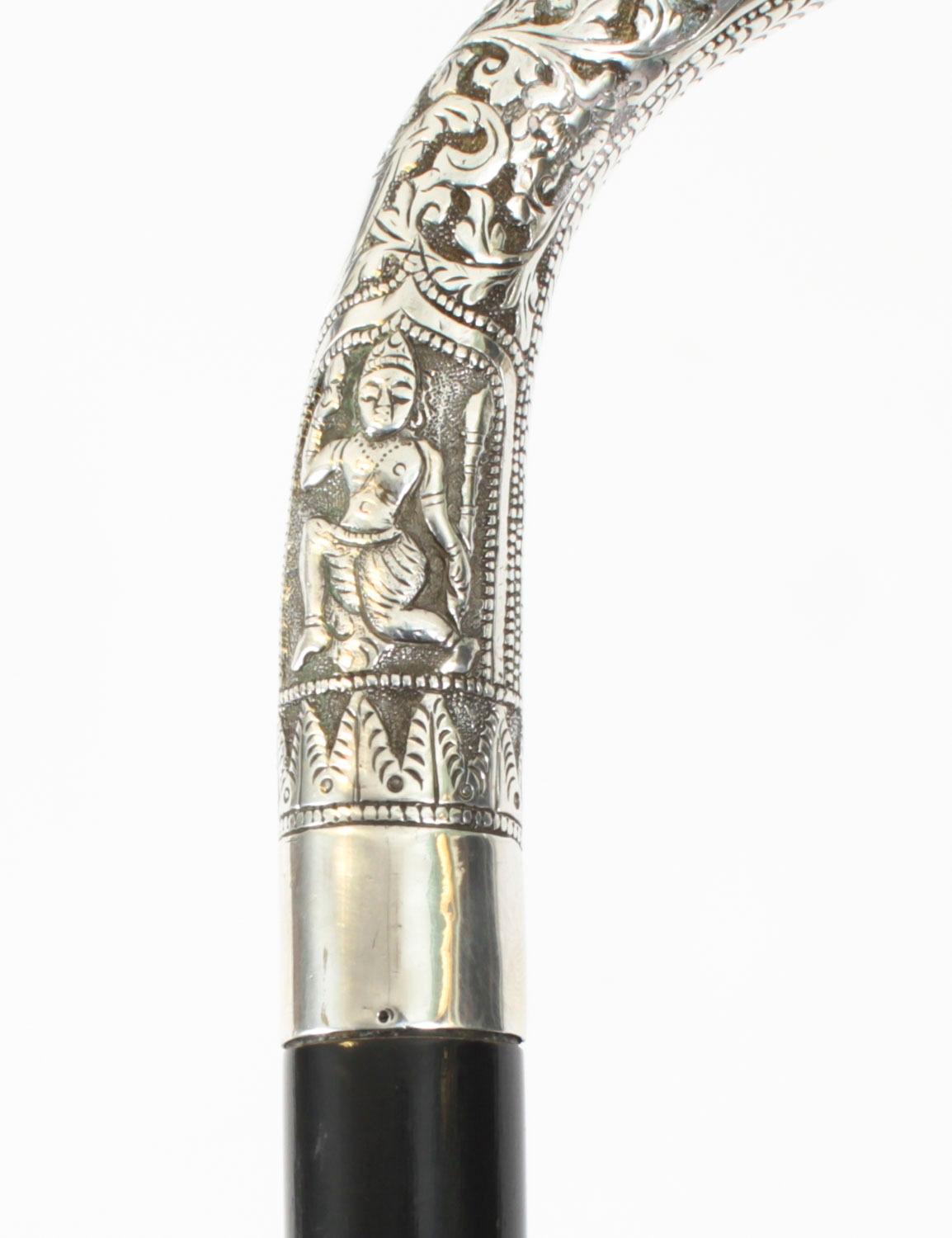 Antique Burmese Silver Ebonised Walking Stick Cane 19th C 91cm/36inches For Sale 5