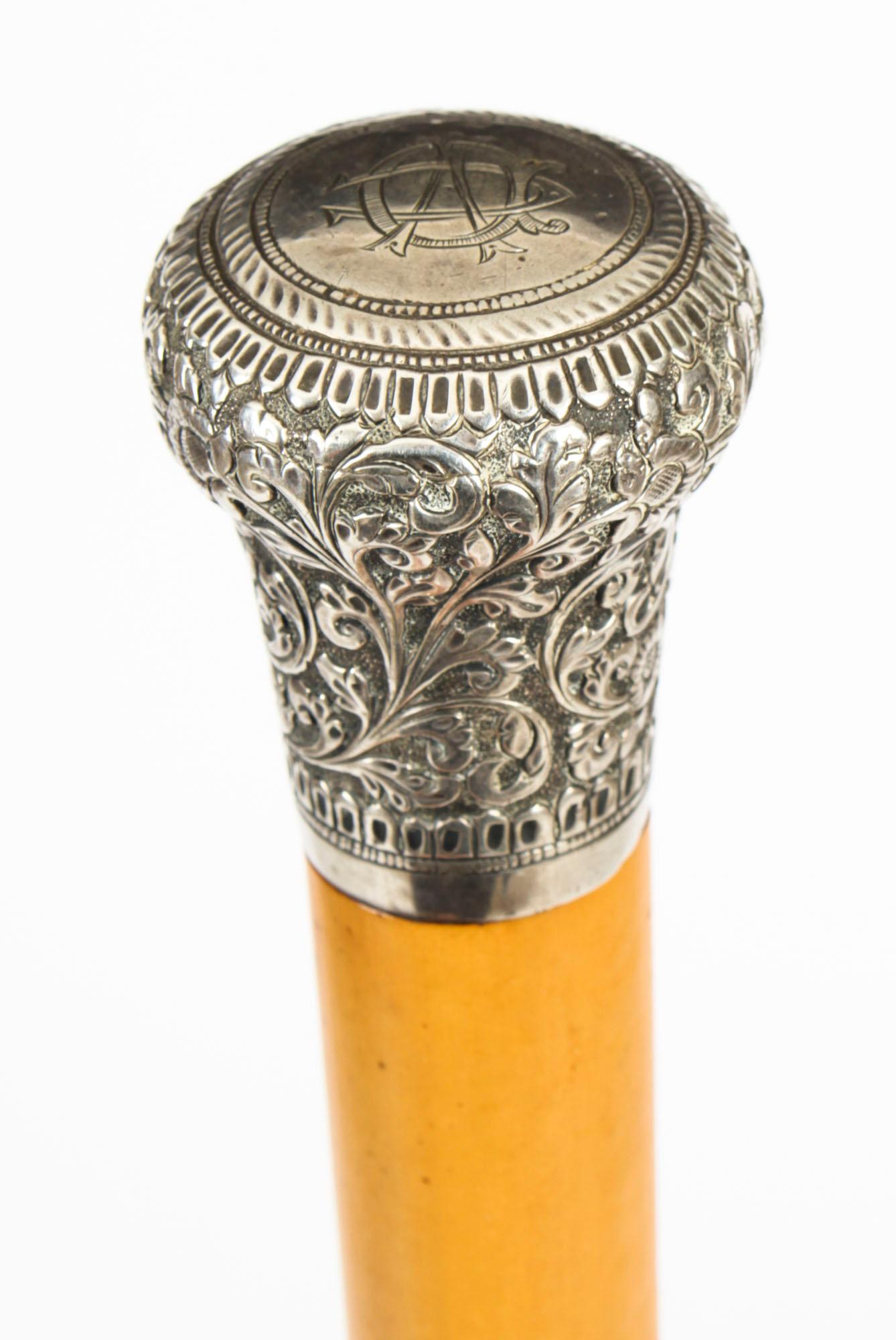 This is a beautiful antique gentleman's silver pommel and malacca shaft Burmese walking stick, circa 1880 in date.
 
This decorative walking cane features an exquisite Burmese silver pommel decorated with exquisitely cast foliate and floral