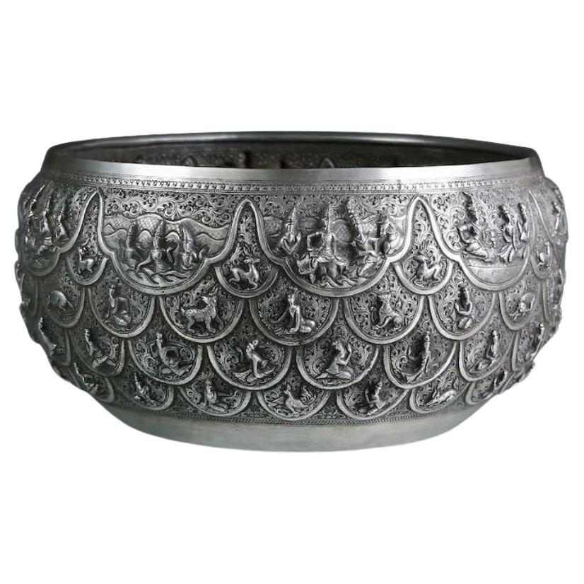 Antique Burmese Silver Offering Bowl For Sale