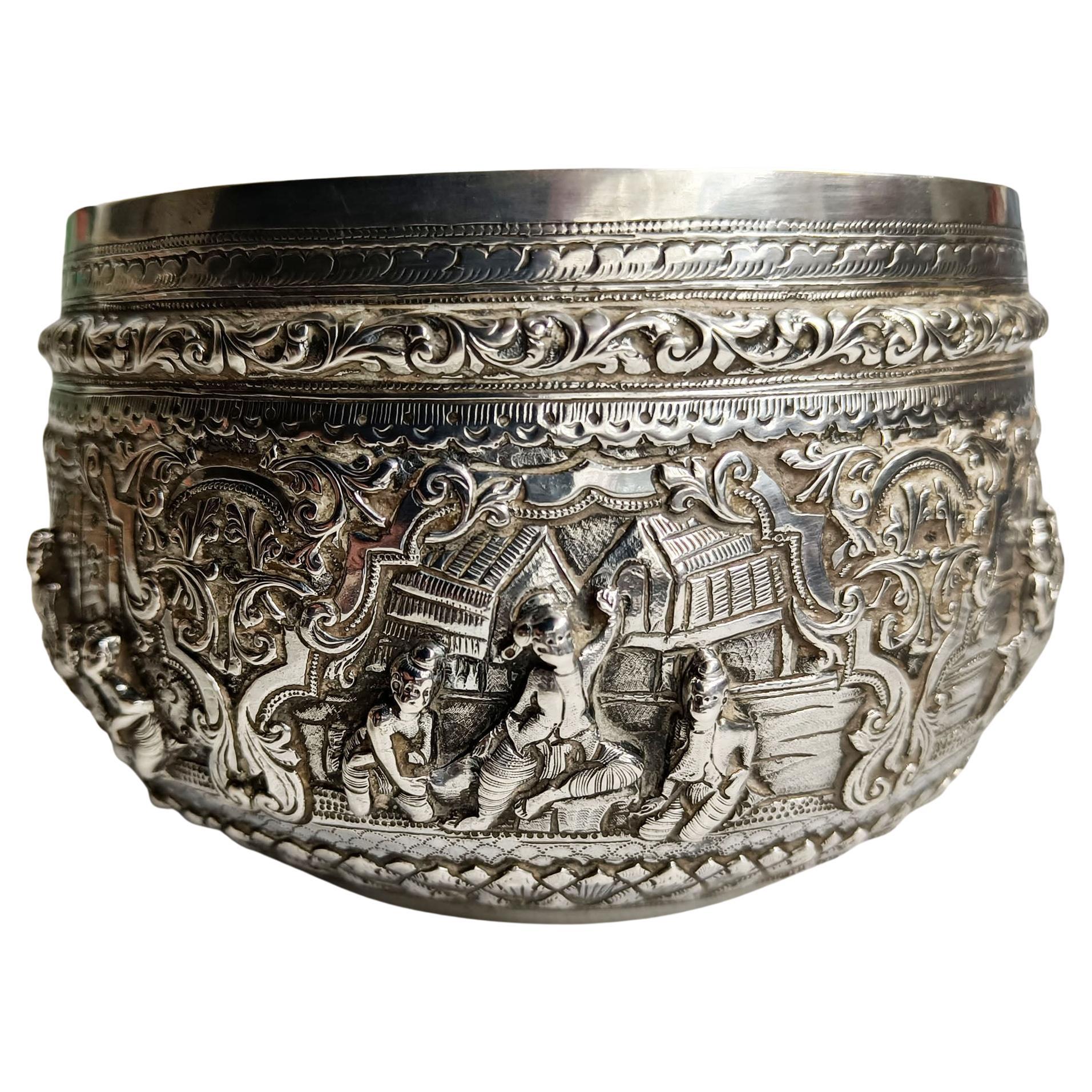 Antique Burmese Silver Repoussé “Thabeik” Bowl Asian Art